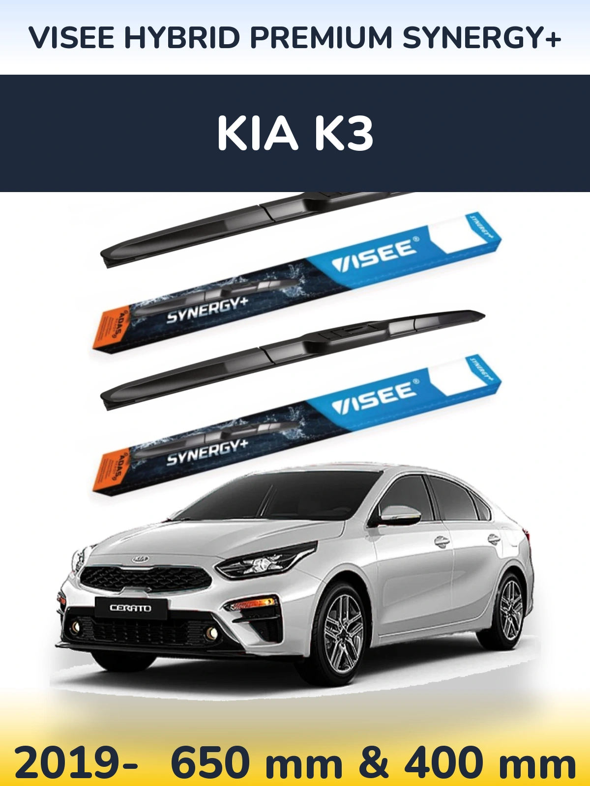 Front wiper blade set VISEE HYBRID PREMIUM SYNERGY+ 650 & 400 mm for KIA K3 2019-2026