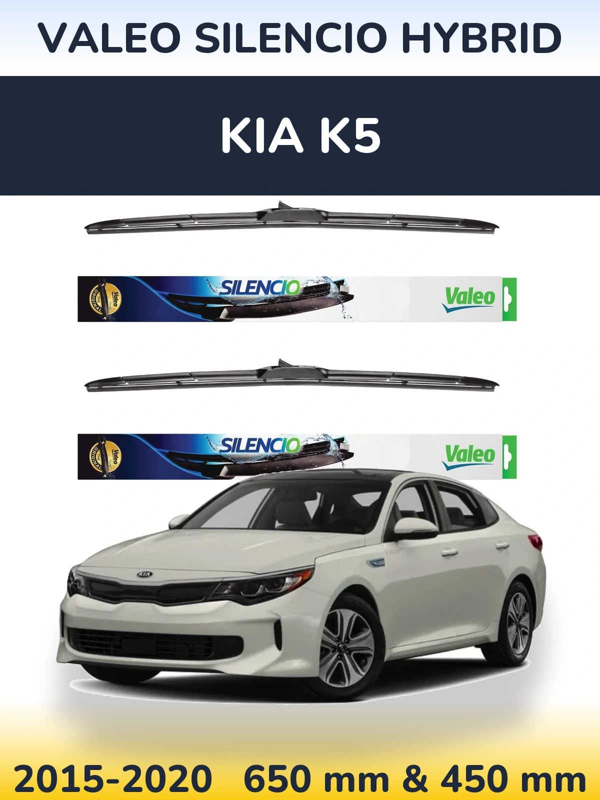 Front wiper blade set Valeo Silencio Hybrid 650 & 450 mm for KIA K5 2015-2020