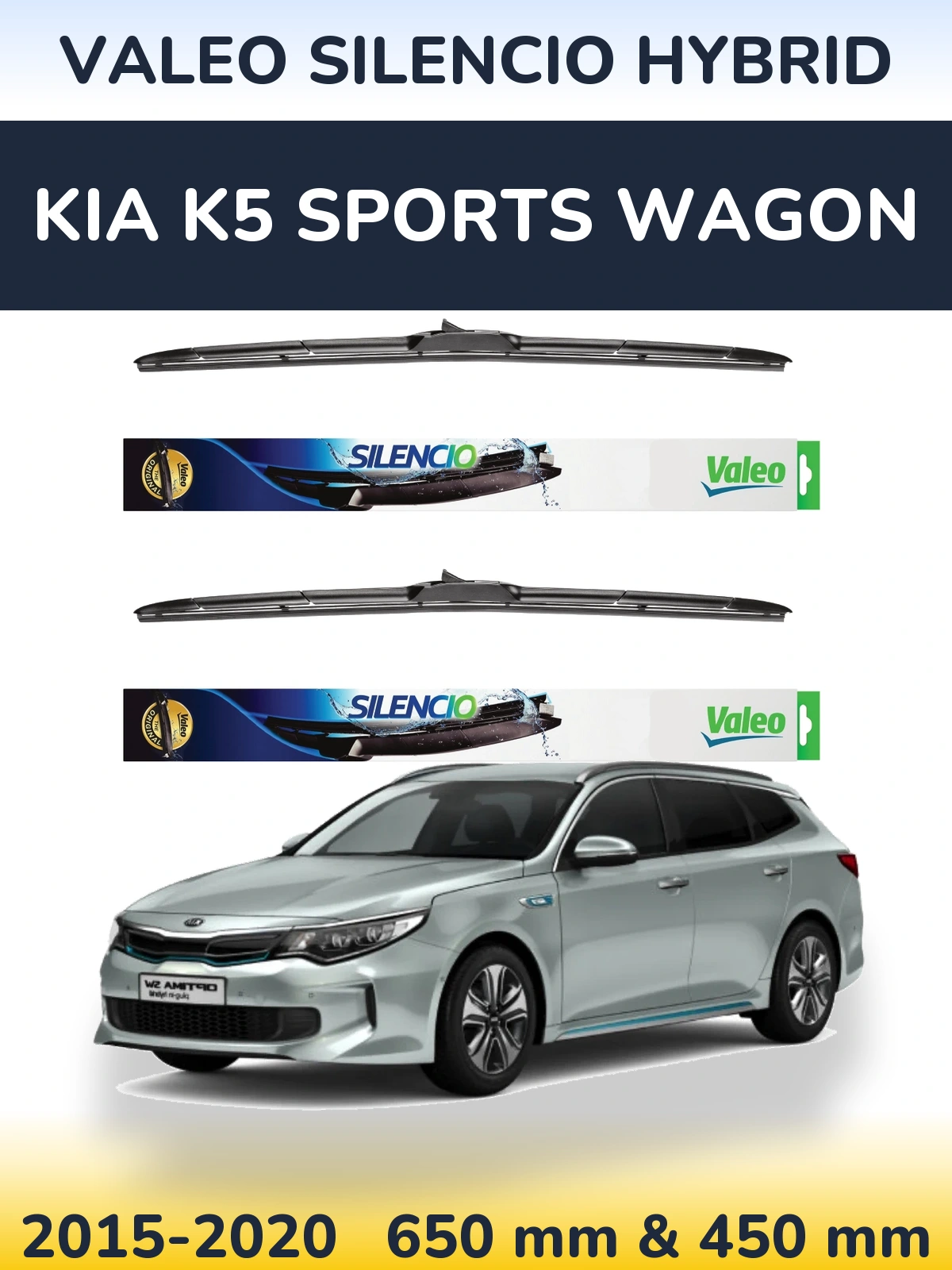 Front wiper blade set Valeo Silencio Hybrid 650 & 450 mm for KIA K5 Sports Wagon 2015-2020