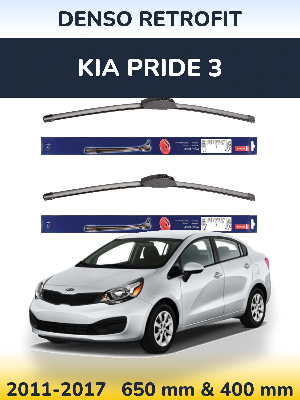 Front wiper blade set Denso Retrofit 650 & 400 mm for KIA Pride 3 2011-2017