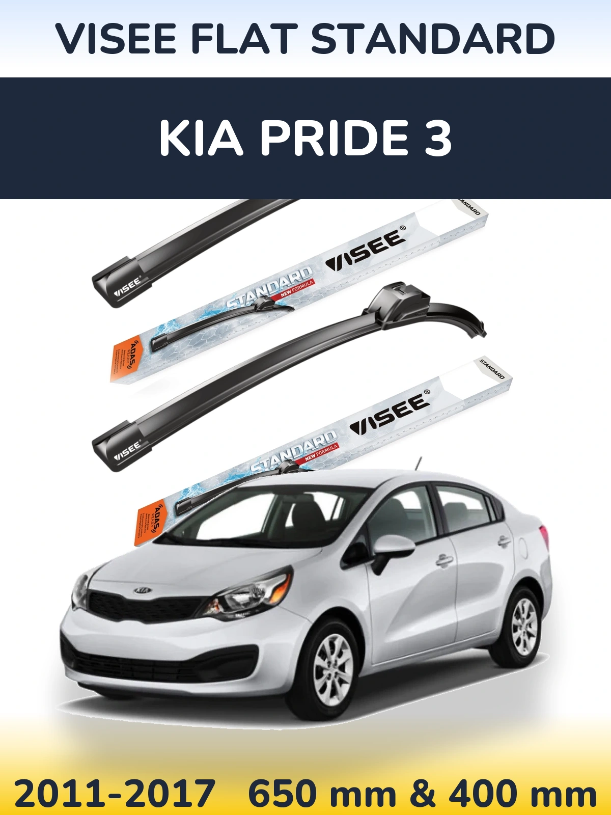 Front wiper blade set VISEE FLAT STANDARD 650 & 400 mm for KIA Pride 3 2011-2017