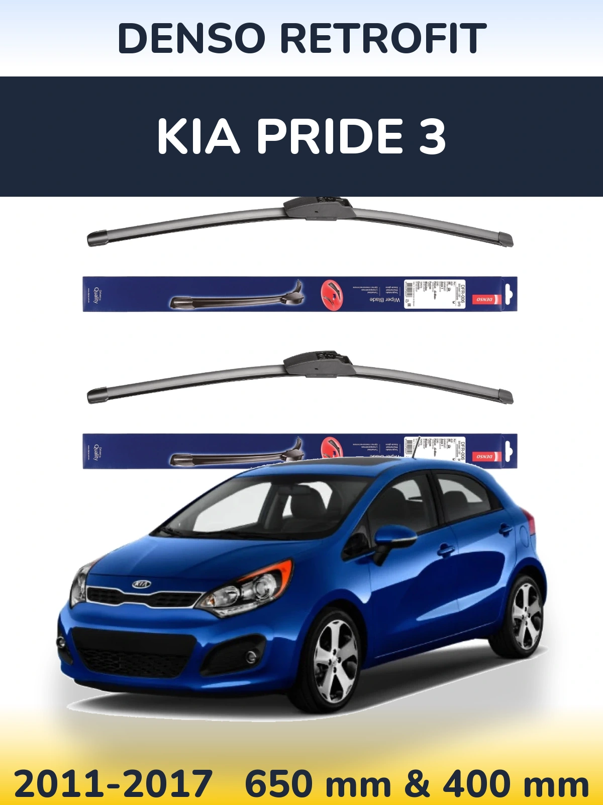 Front wiper blade set Denso Retrofit 650 & 400 mm for KIA Pride 3 2011-2017