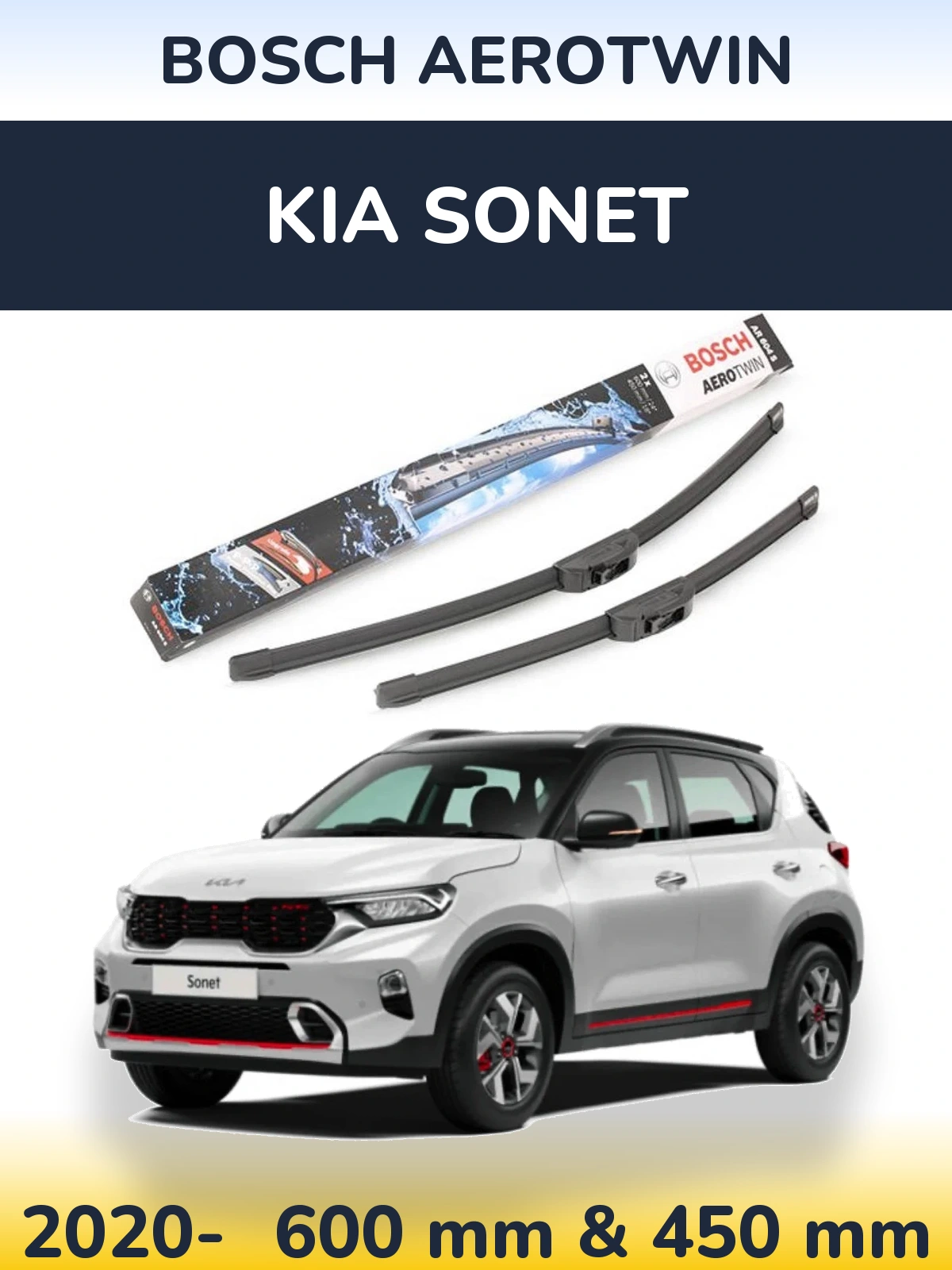 Front wiper blade set BOSCH AeroTwin 600 & 450 mm for KIA Sonet 2020-2026