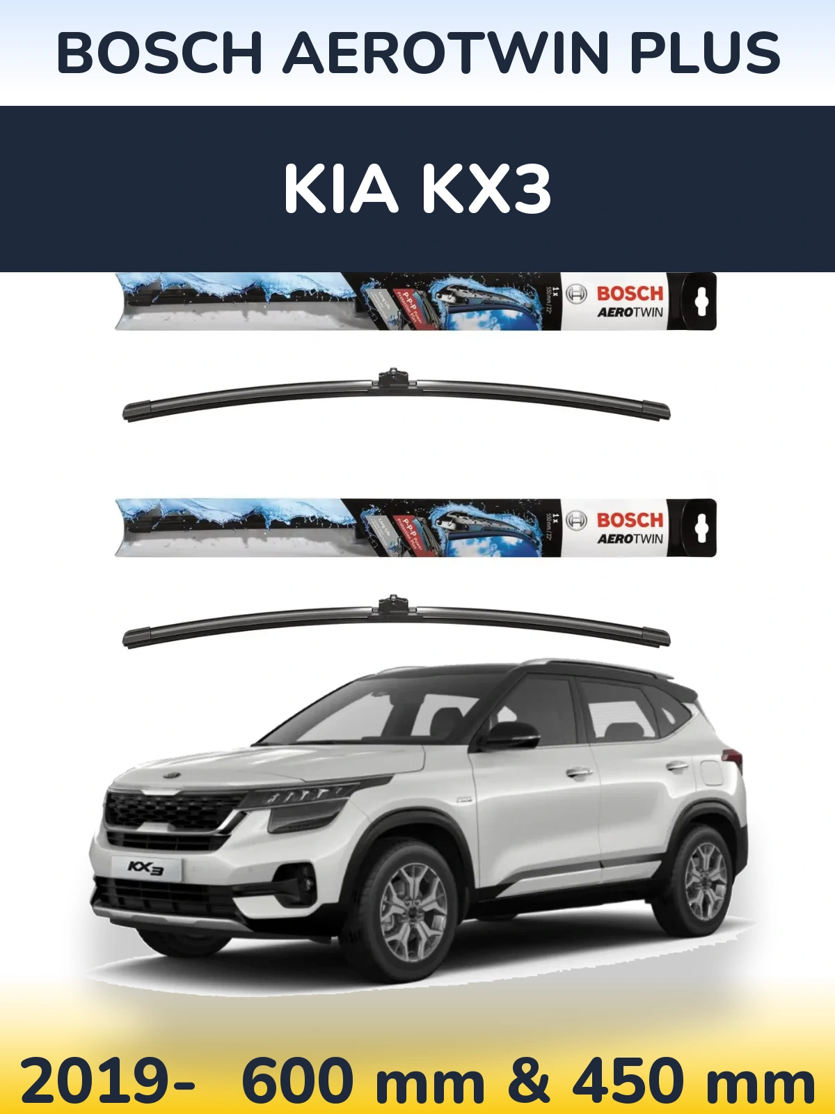 Front wiper blade set BOSCH AeroTwin Plus 600 & 450 mm for KIA KX3 2019-2026