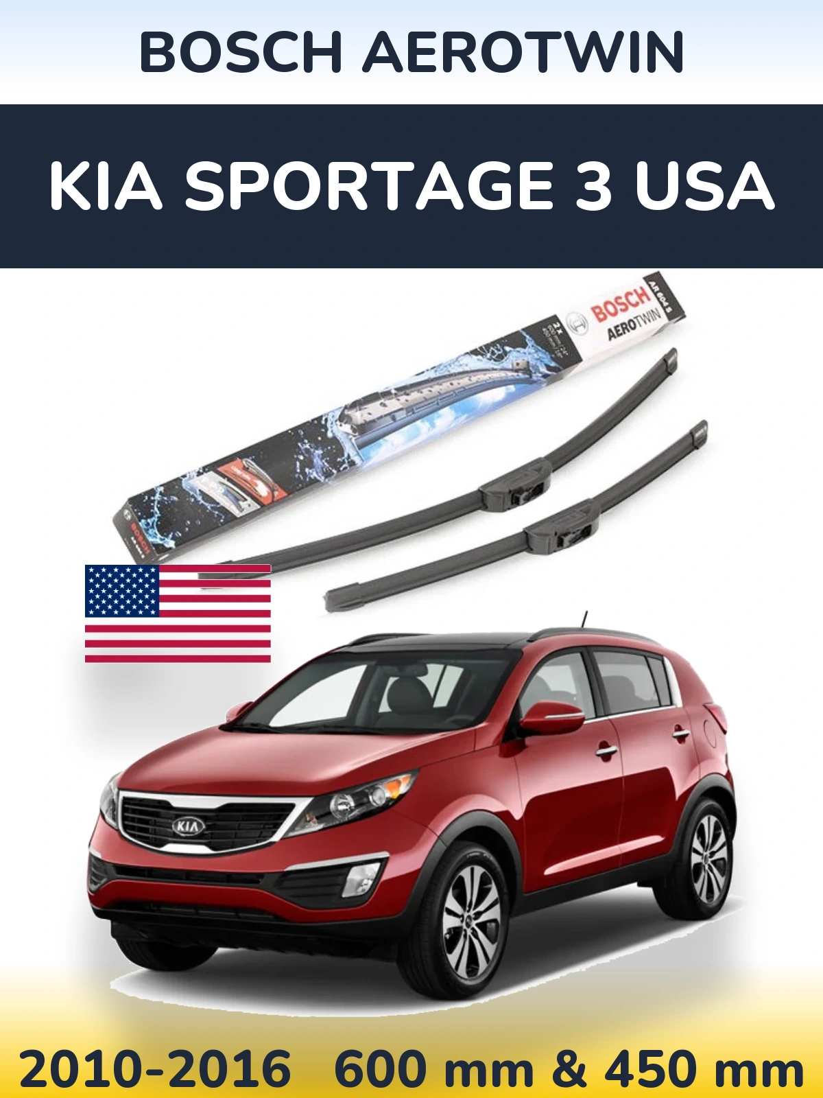 Front wiper blade set BOSCH AeroTwin 600 & 450 mm for KIA Sportage 3 USA 2010-2016
