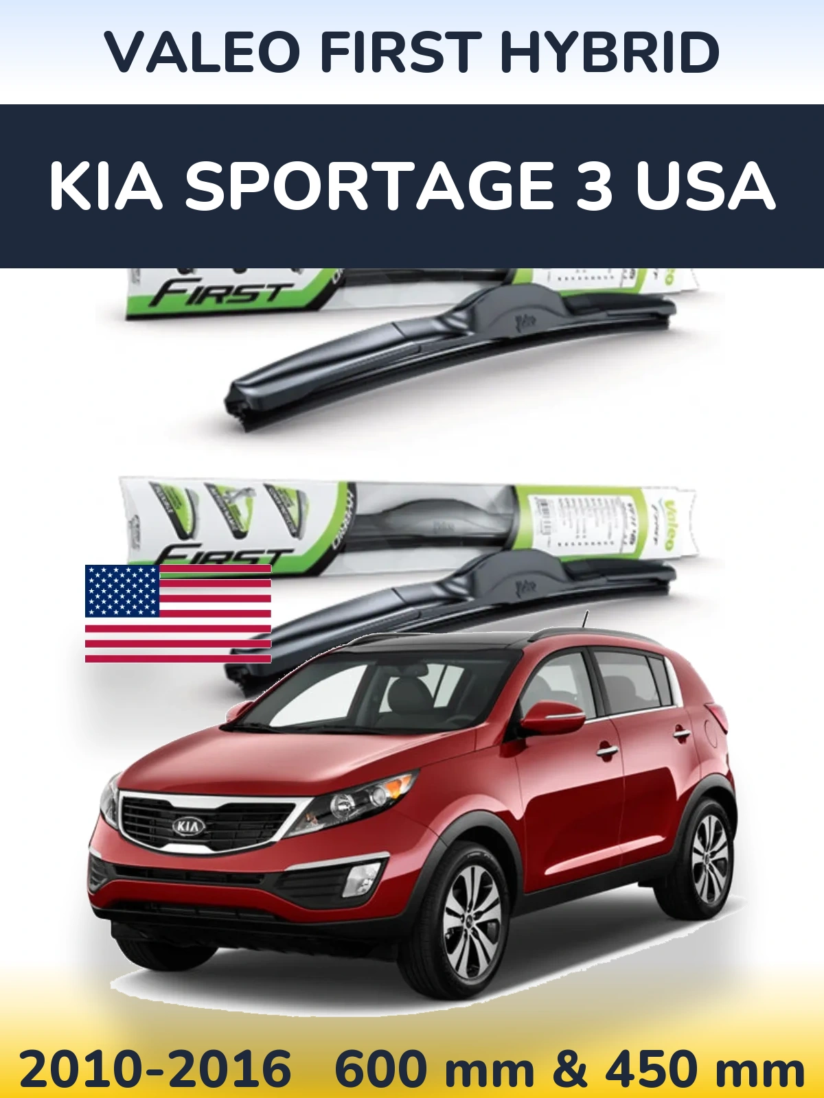 Front wiper blade set Valeo First Hybrid 600 & 450 mm for KIA Sportage 3 USA 2010-2016