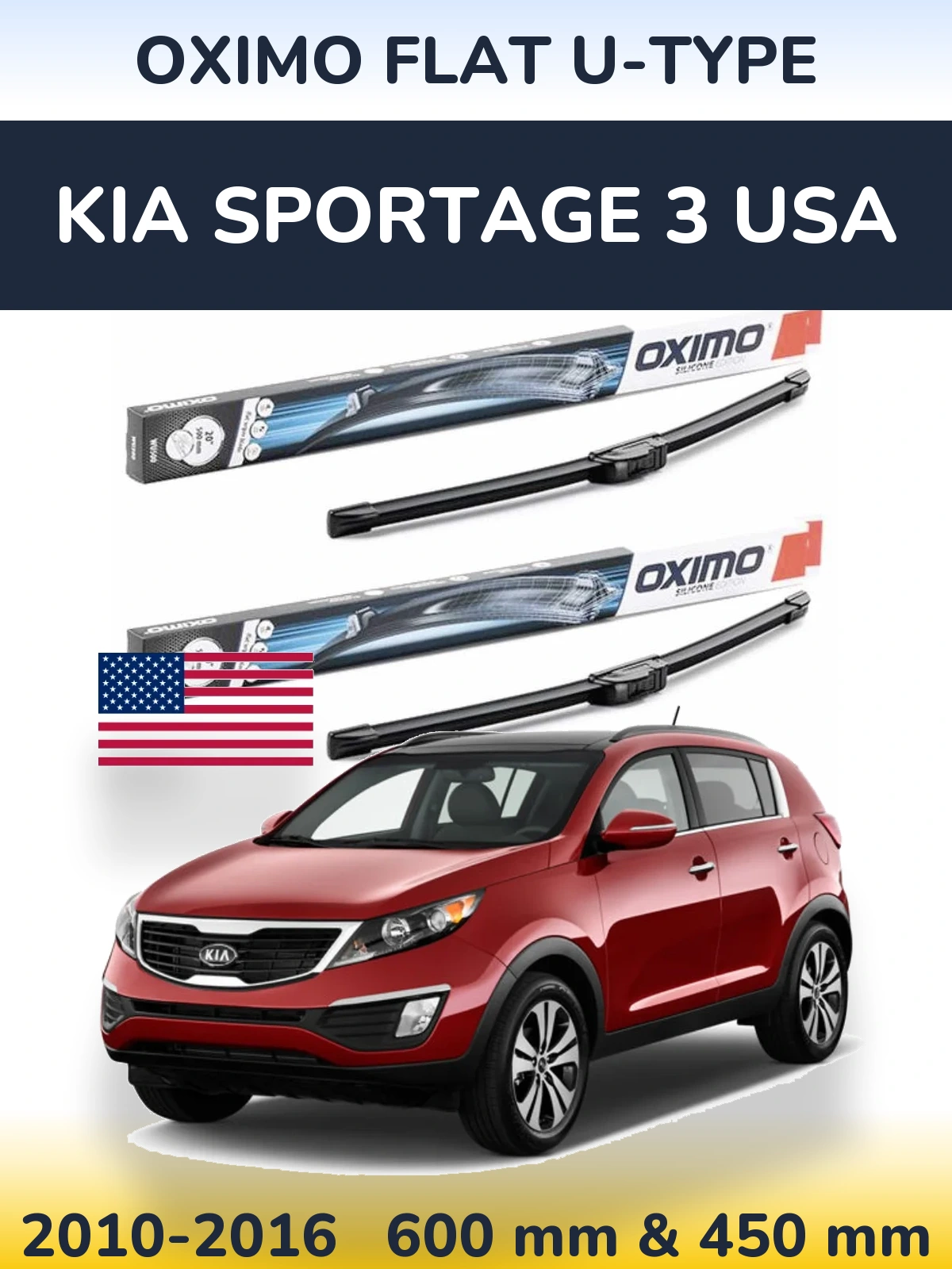 Front wiper blade set Oximo Flat U-type 600 & 450 mm for KIA Sportage 3 USA 2010-2016