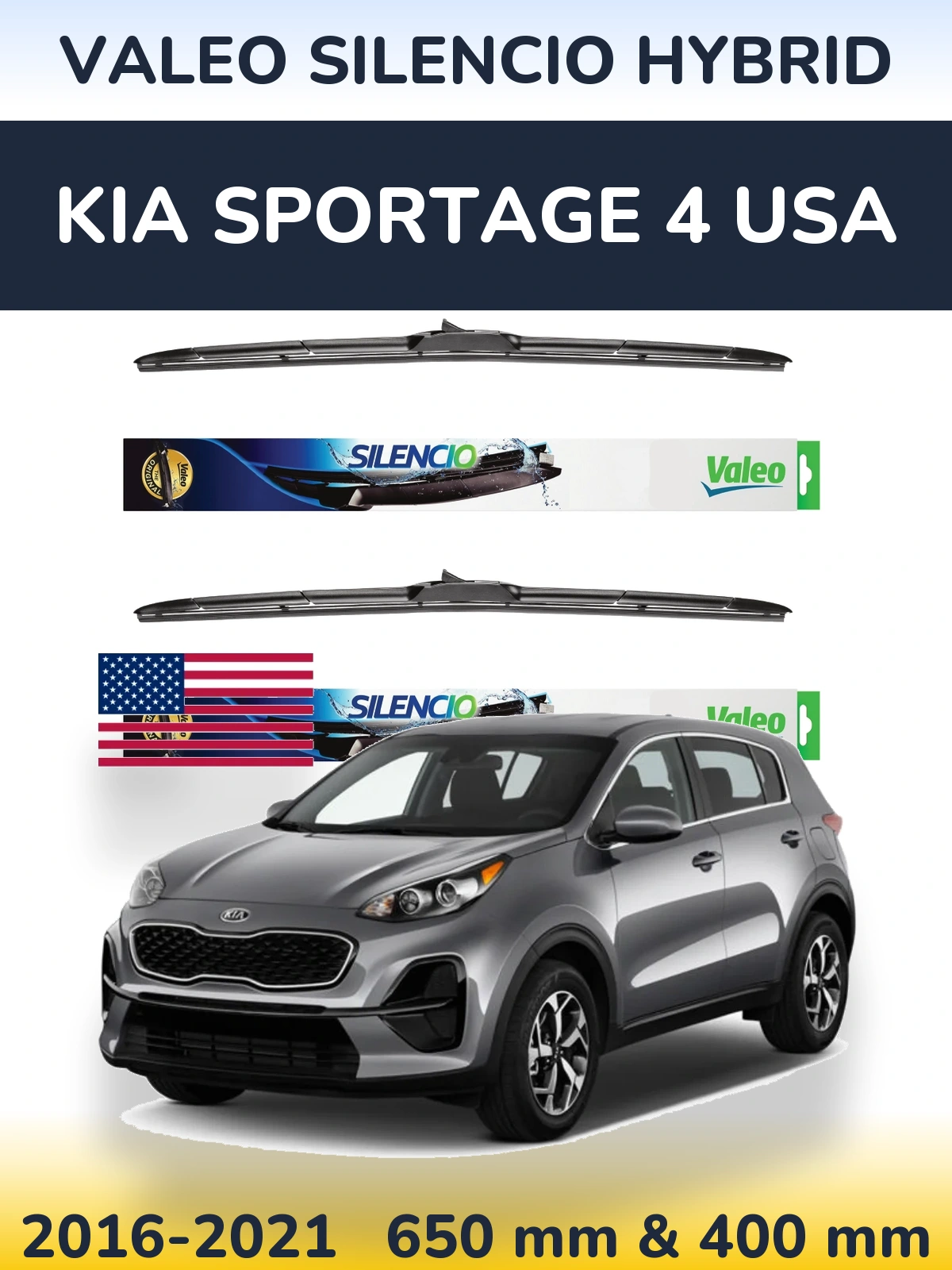 Front wiper blade set Valeo Silencio Hybrid 650 & 400 mm for KIA Sportage 4 USA 2016-2021