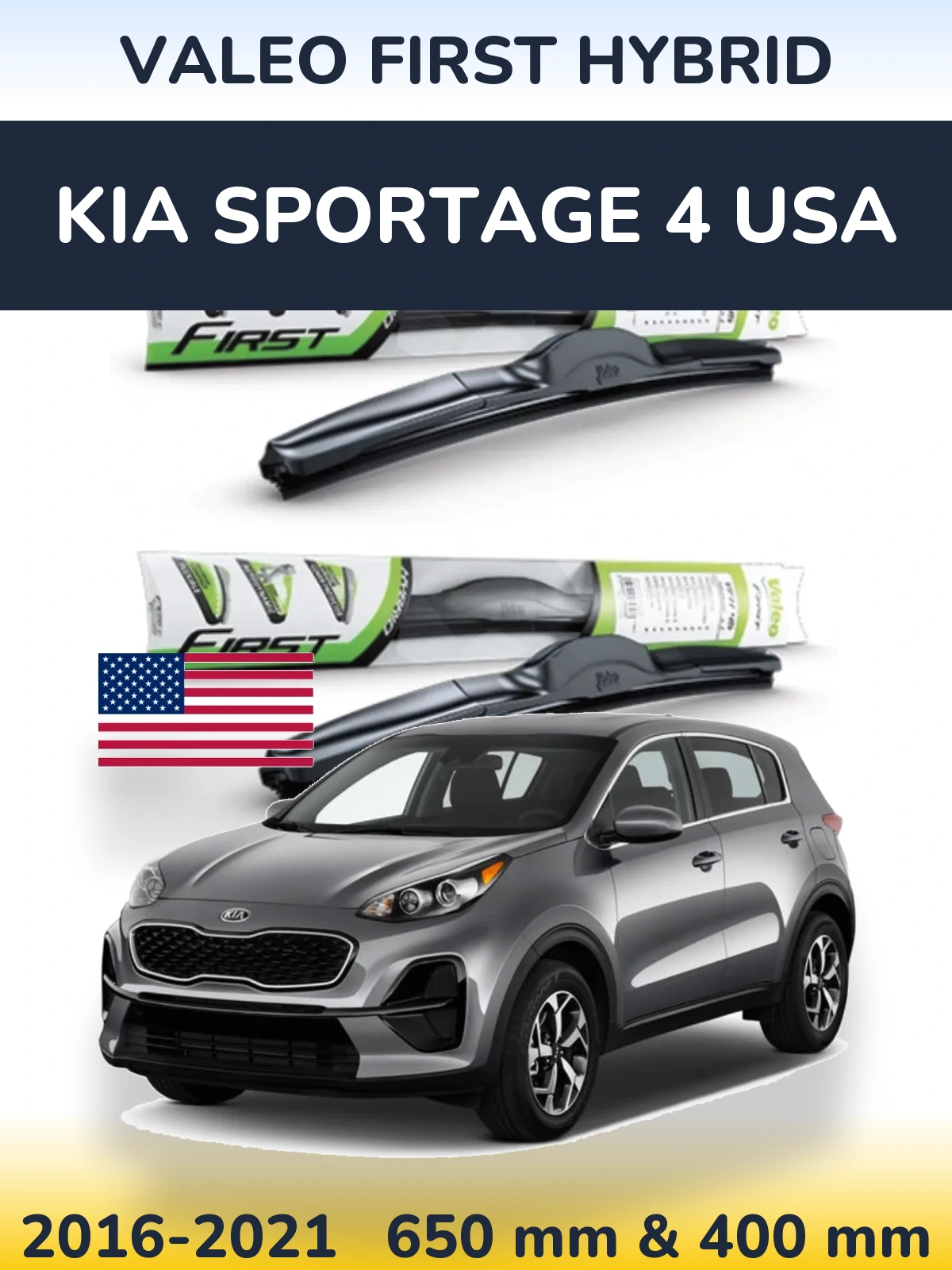 Front wiper blade set Valeo First Hybrid 650 & 400 mm for KIA Sportage 4 USA 2016-2021