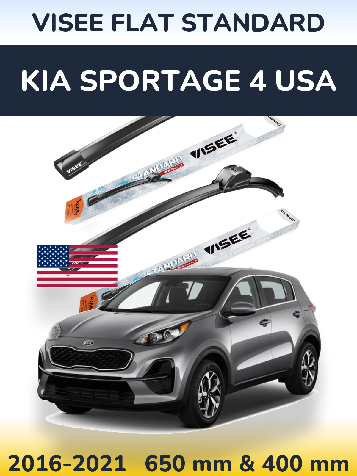 Комплект передних дворников VISEE FLAT STANDARD 650 & 400 мм для KIA Sportage 4 USA 2016-2021