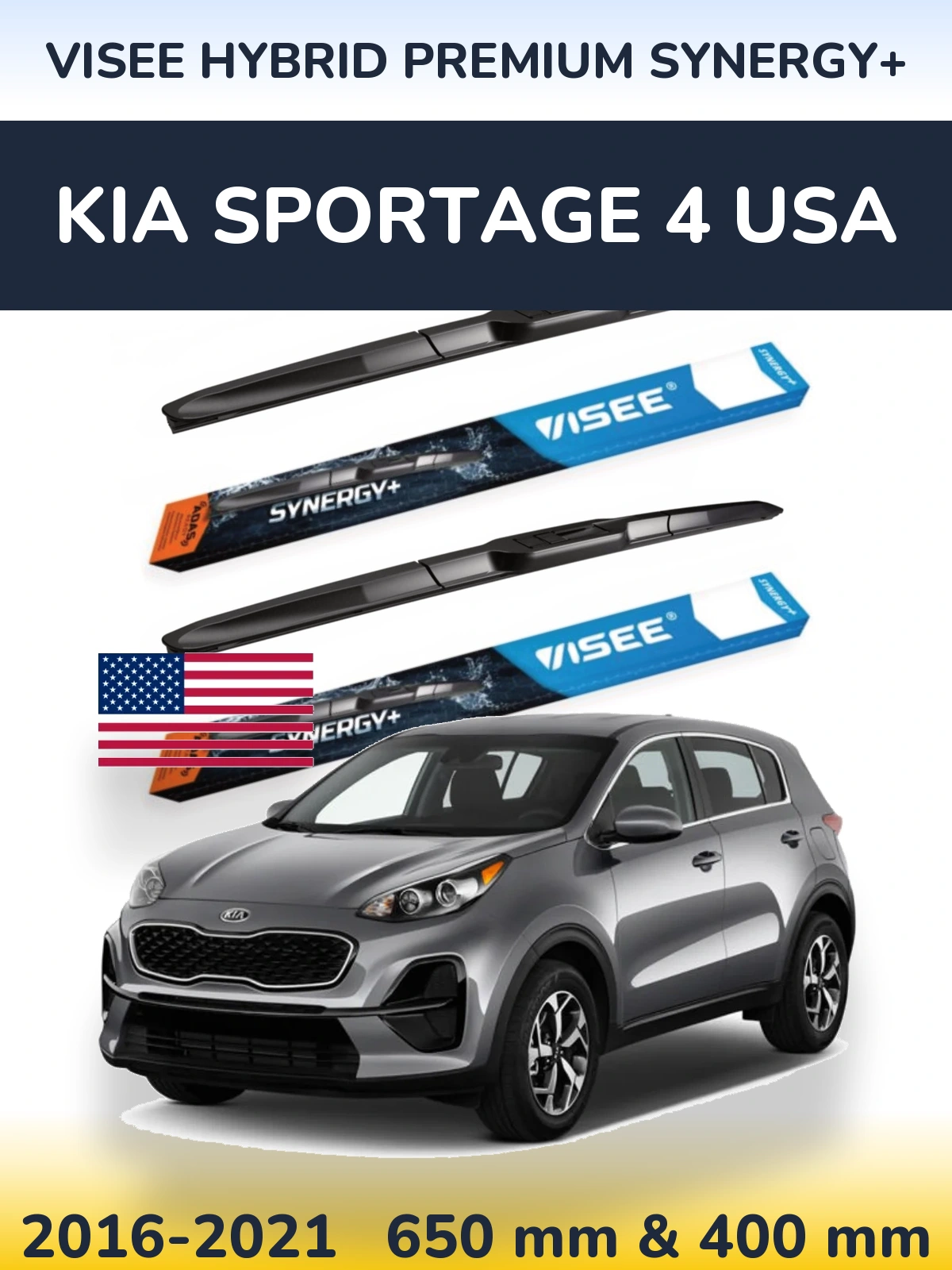 Front wiper blade set VISEE HYBRID PREMIUM SYNERGY+ 650 & 400 mm for KIA Sportage 4 USA 2016-2021