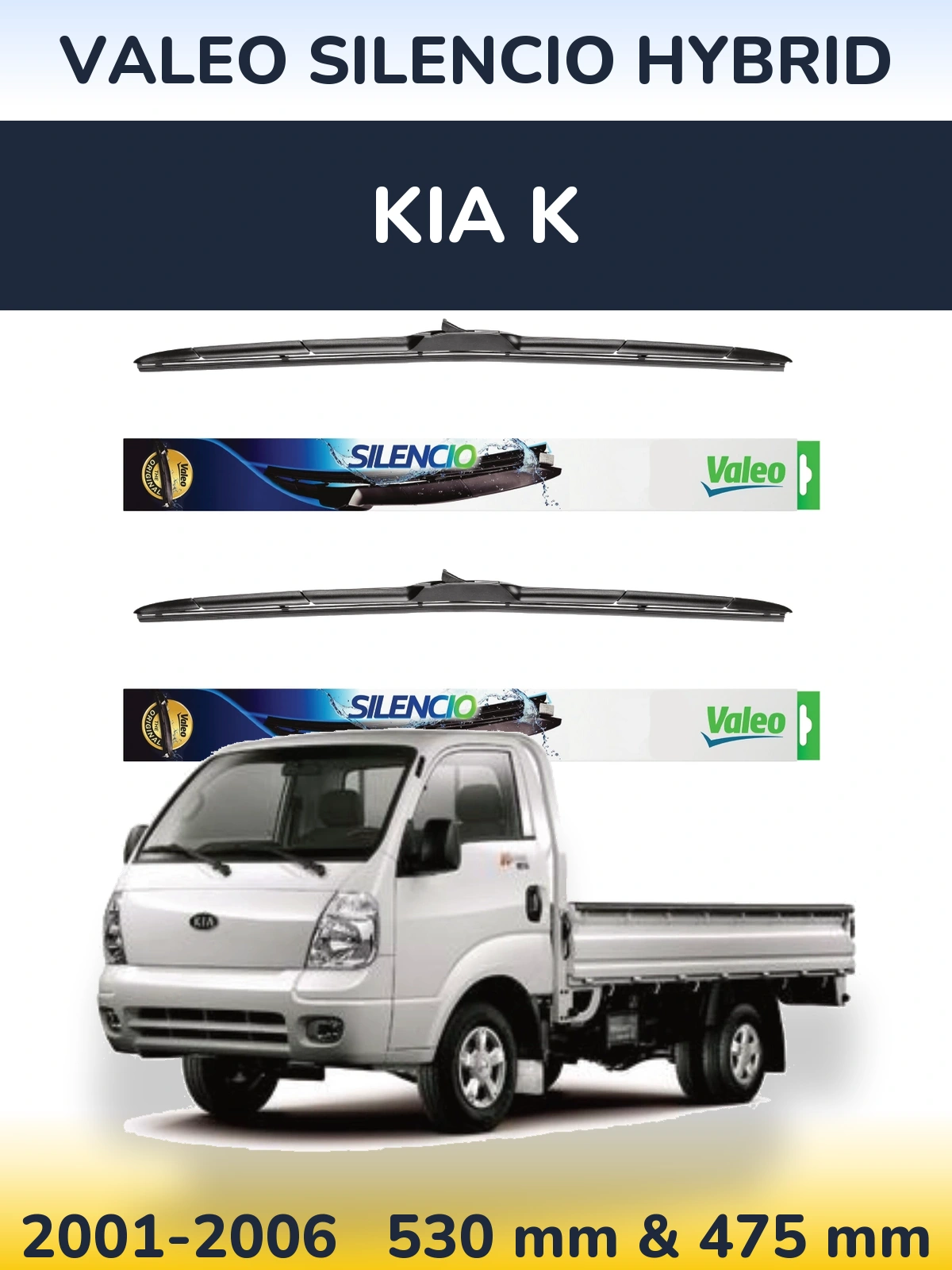 Front wiper blade set Valeo Silencio Hybrid 530 & 475 mm for KIA K 2001-2006