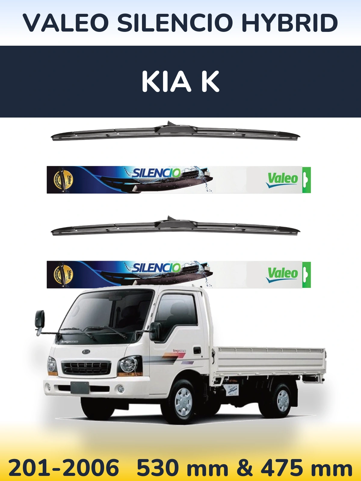 Front wiper blade set Valeo Silencio Hybrid 530 & 475 mm for KIA K 201-2006