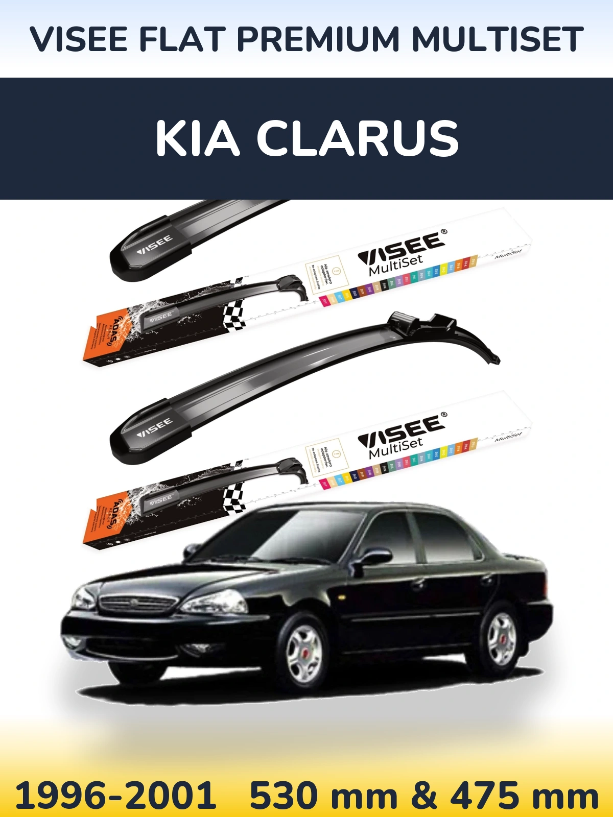 Front wiper blade set VISEE FLAT PREMIUM MultiSet 530 & 475 mm for KIA Clarus 1996-2001