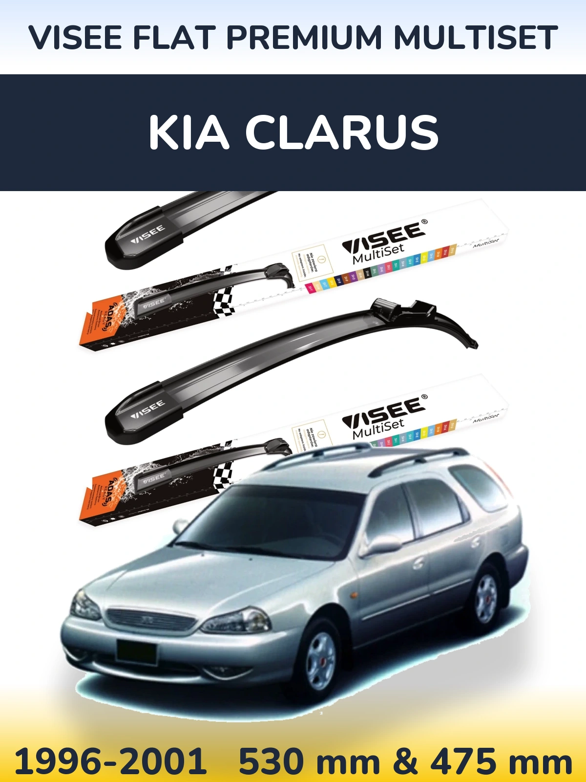 Front wiper blade set VISEE FLAT PREMIUM MultiSet 530 & 475 mm for KIA Clarus 1996-2001