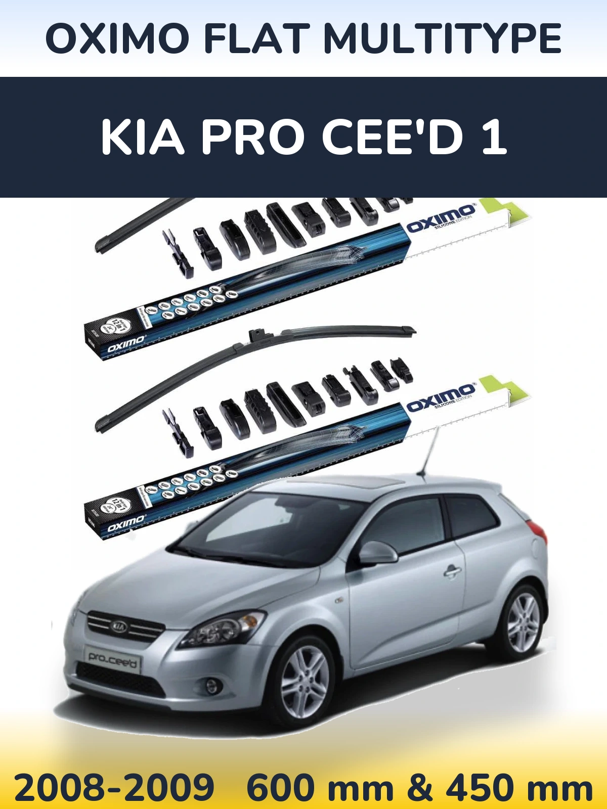 Front wiper blade set Oximo Flat MultiTipse 600 & 450 mm for KIA Pro Cee'd 1 2008-2009