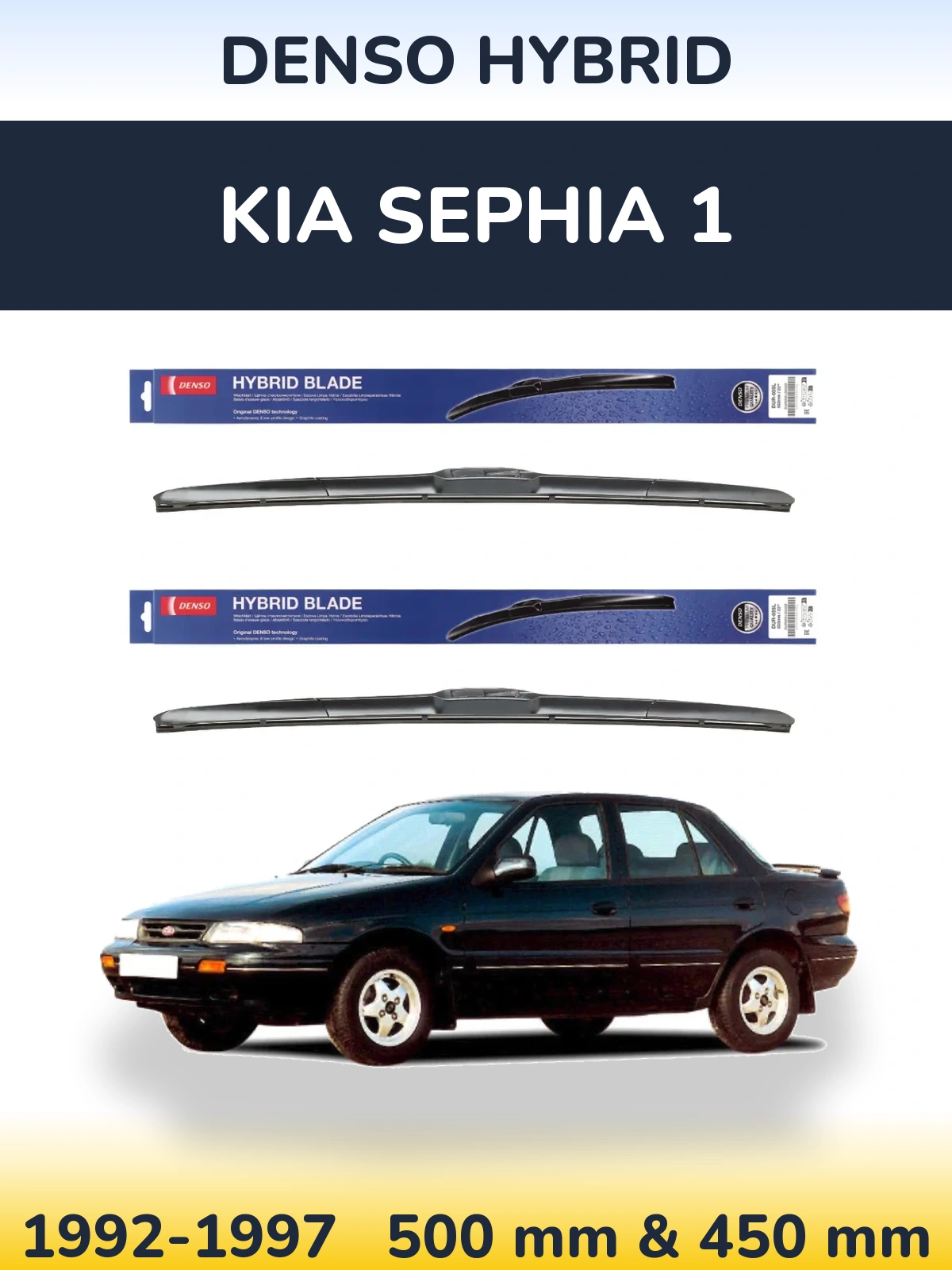 Front wiper blade set Denso Hybrid 500 & 450 mm for KIA Sephia 1 1992-1997