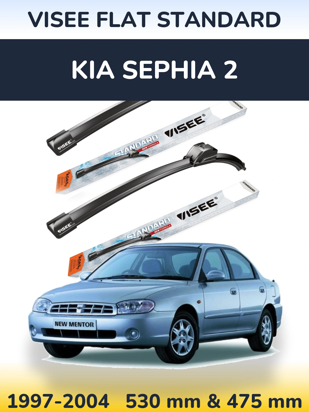 Front wiper blade set VISEE FLAT STANDARD 530 & 475 mm for KIA Sephia 2 1997-2004