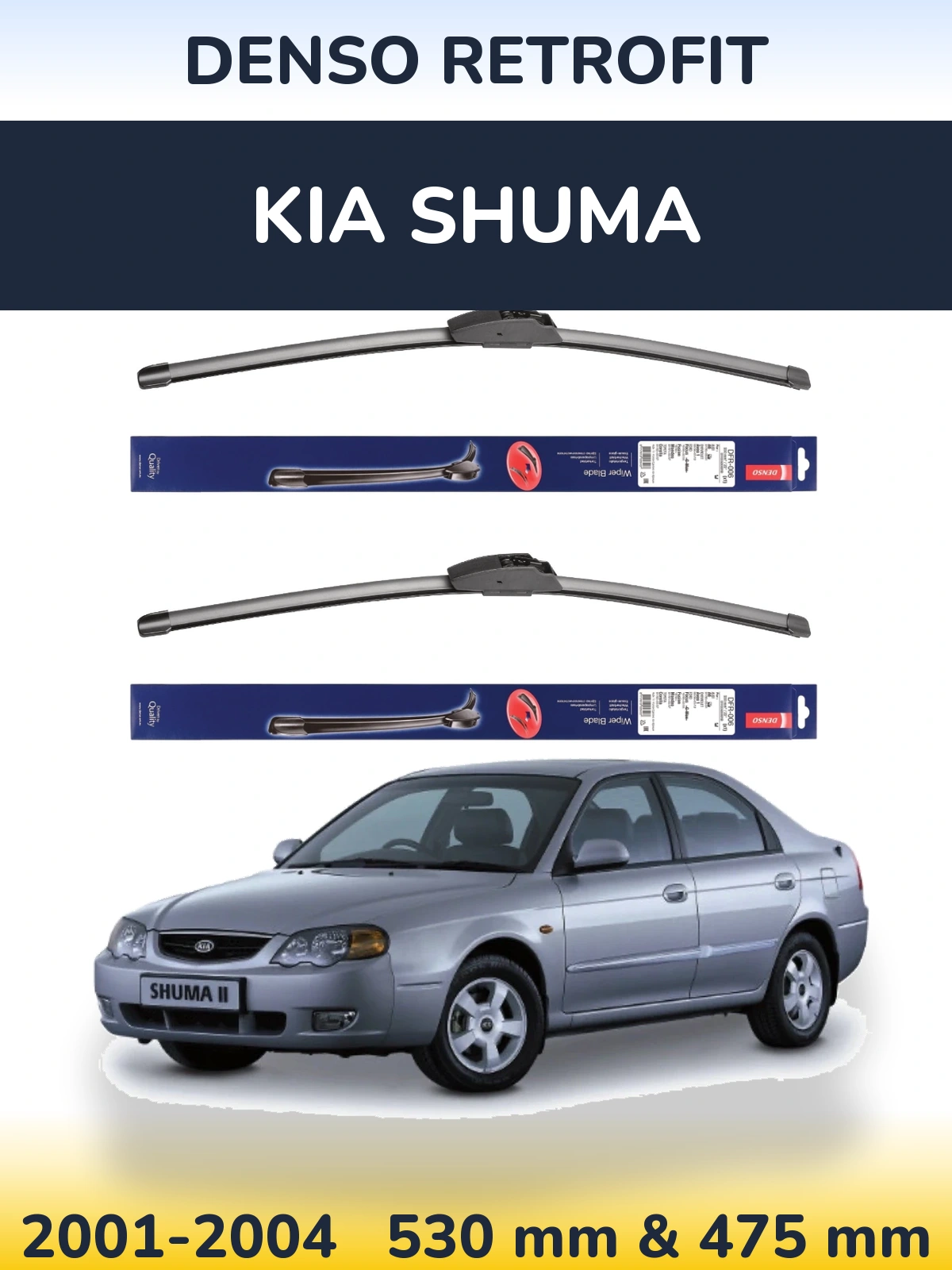 Front wiper blade set Denso Retrofit 530 & 475 mm for KIA Shuma 2001-2004