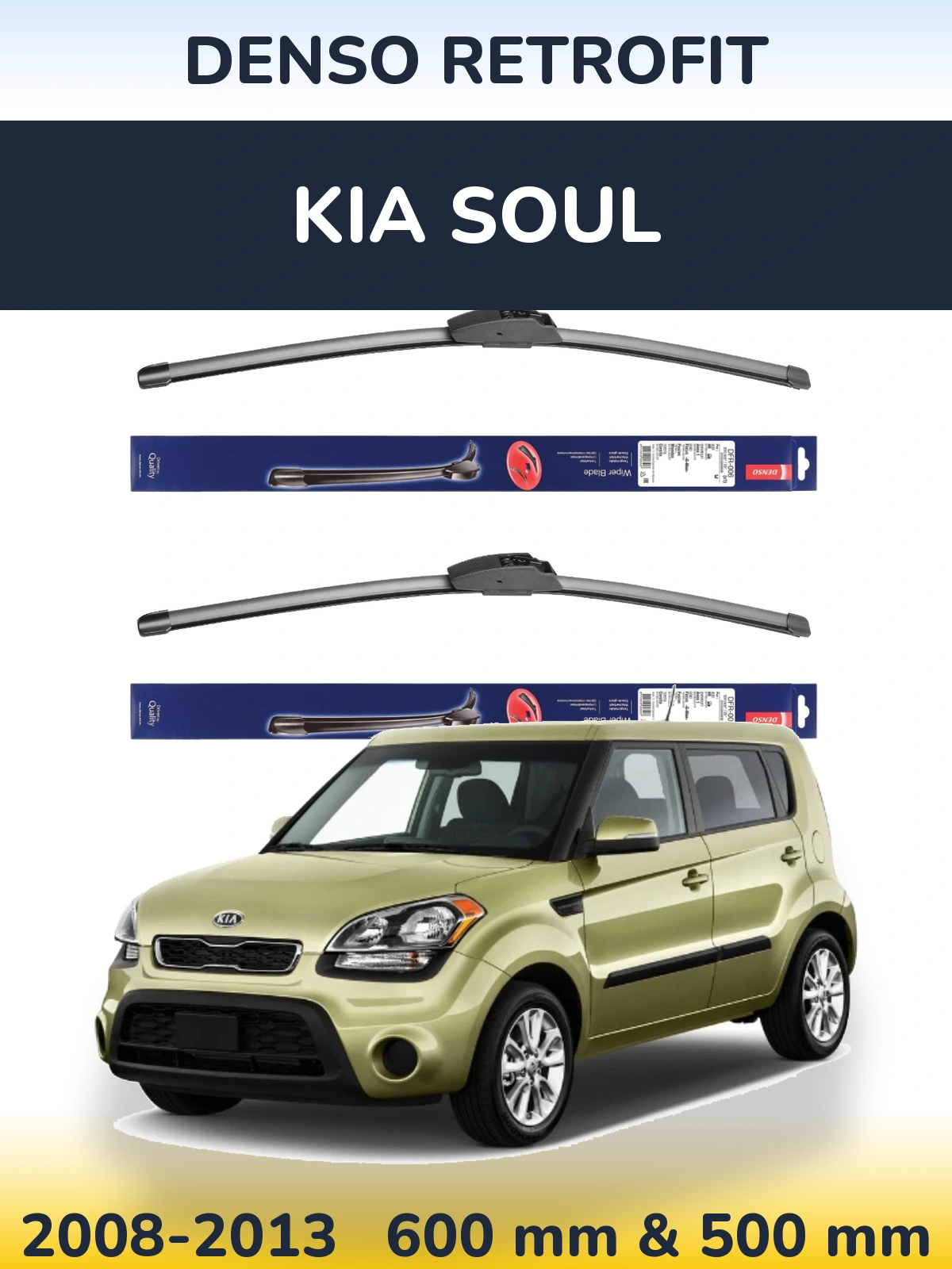 Front wiper blade set Denso Retrofit 600 & 500 mm for KIA Soul 2008-2013