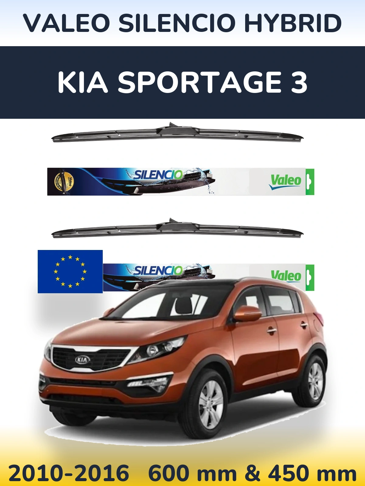 Front wiper blade set Valeo Silencio Hybrid 600 & 450 mm for KIA Sportage 3 2010-2016