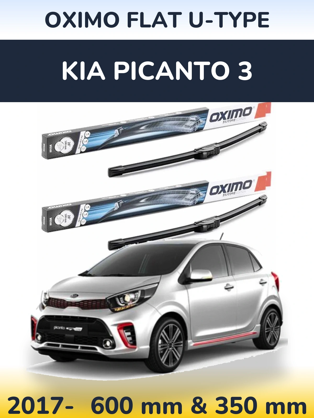 Front wiper blade set Oximo Flat U-type 600 & 350 mm for KIA Picanto 3 2017-2026