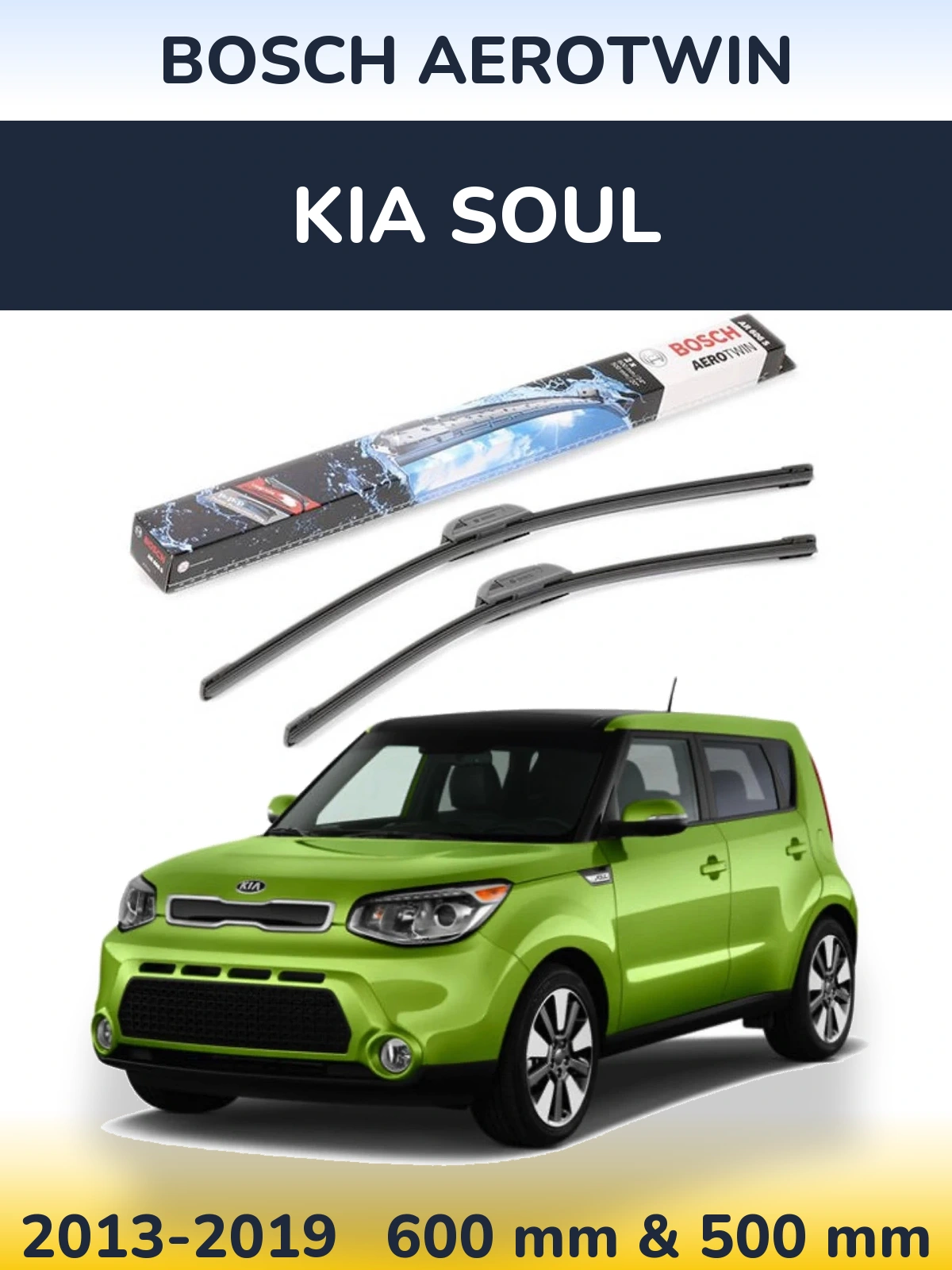 Front wiper blade set BOSCH AeroTwin 600 & 500 mm for KIA Soul 2013-2019