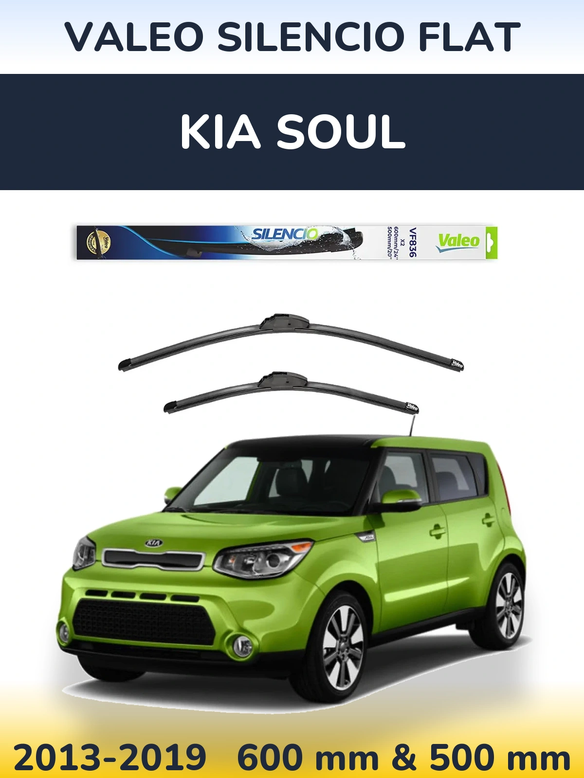 Front wiper blade set Valeo Silencio Flat 600 & 500 mm for KIA Soul 2013-2019