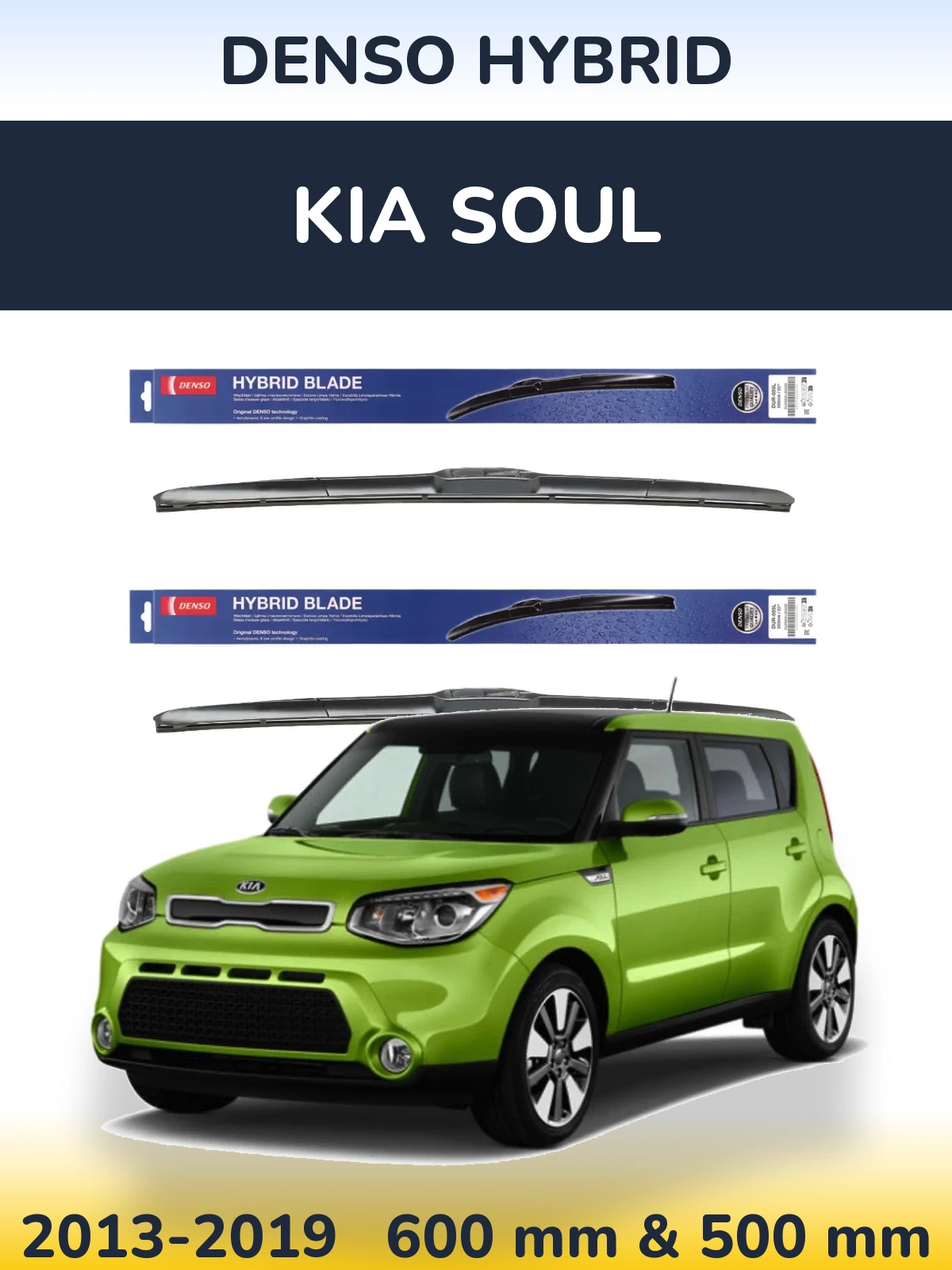 Front wiper blade set Denso Hybrid 600 & 500 mm for KIA Soul 2013-2019