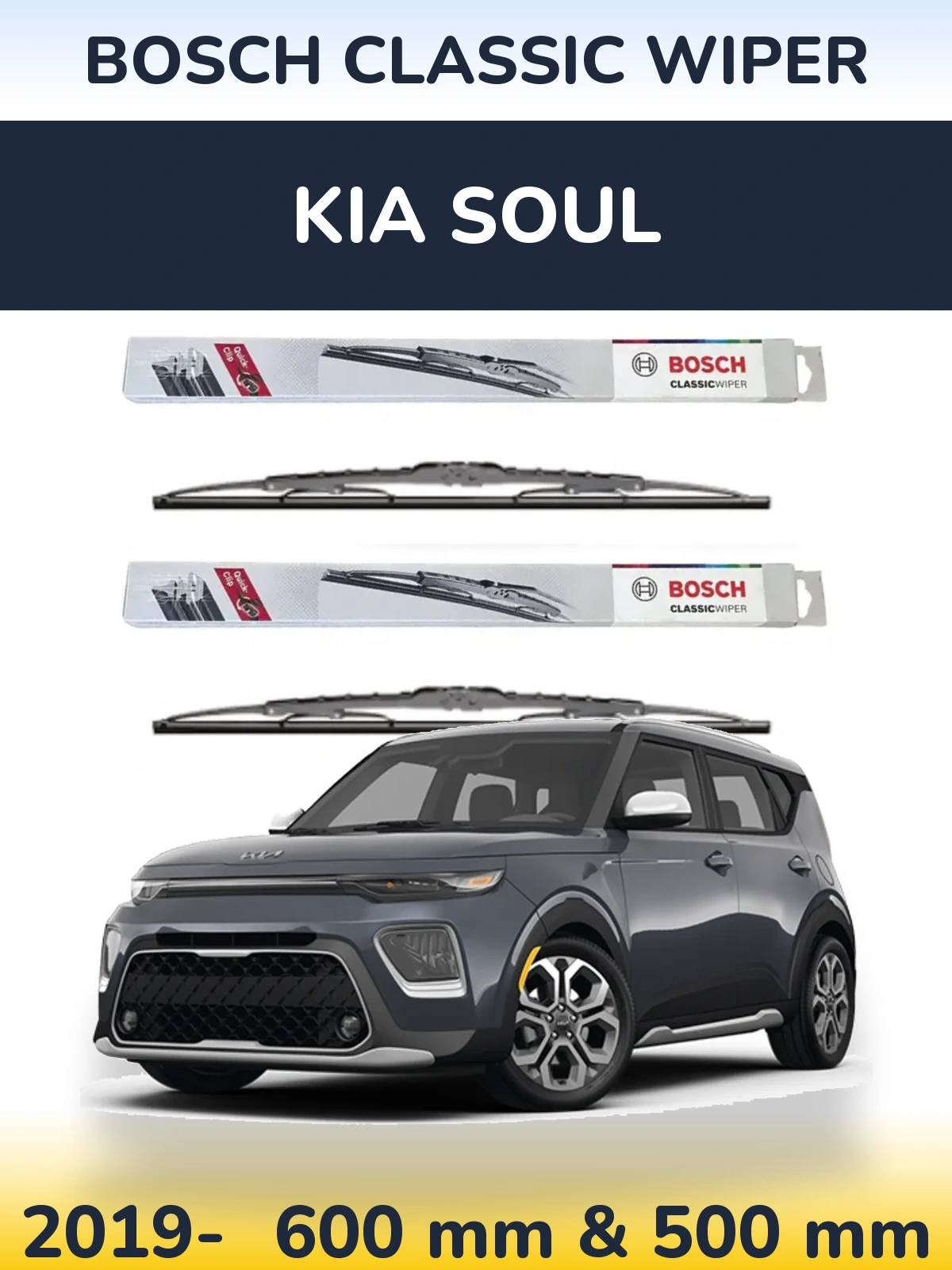 Front wiper blade set BOSCH Classic Wiper 600 & 500 mm for KIA Soul 2019-2026