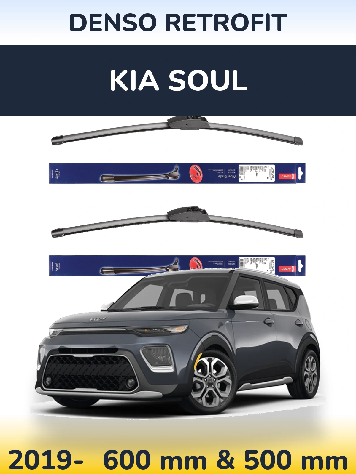 Front wiper blade set Denso Retrofit 600 & 500 mm for KIA Soul 2019-2026