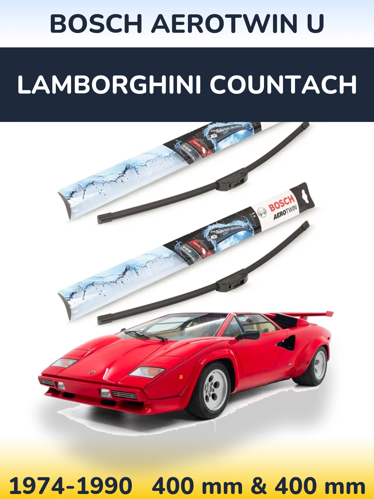 Front wiper blade set BOSCH AeroTwin U 400 & 400 mm for Lamborghini Countach 1974-1990
