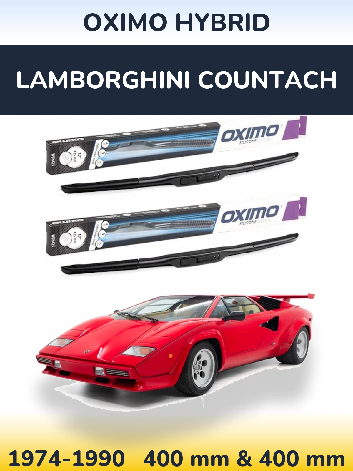 Front wiper blade set Oximo Hybrid 400 & 400 mm for Lamborghini Countach 1974-1990