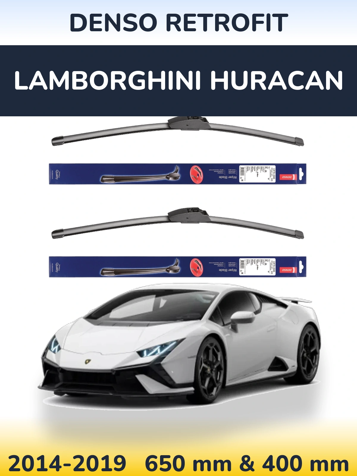 Front wiper blade set Denso Retrofit 650 & 400 mm for Lamborghini Huracan 2014-2019