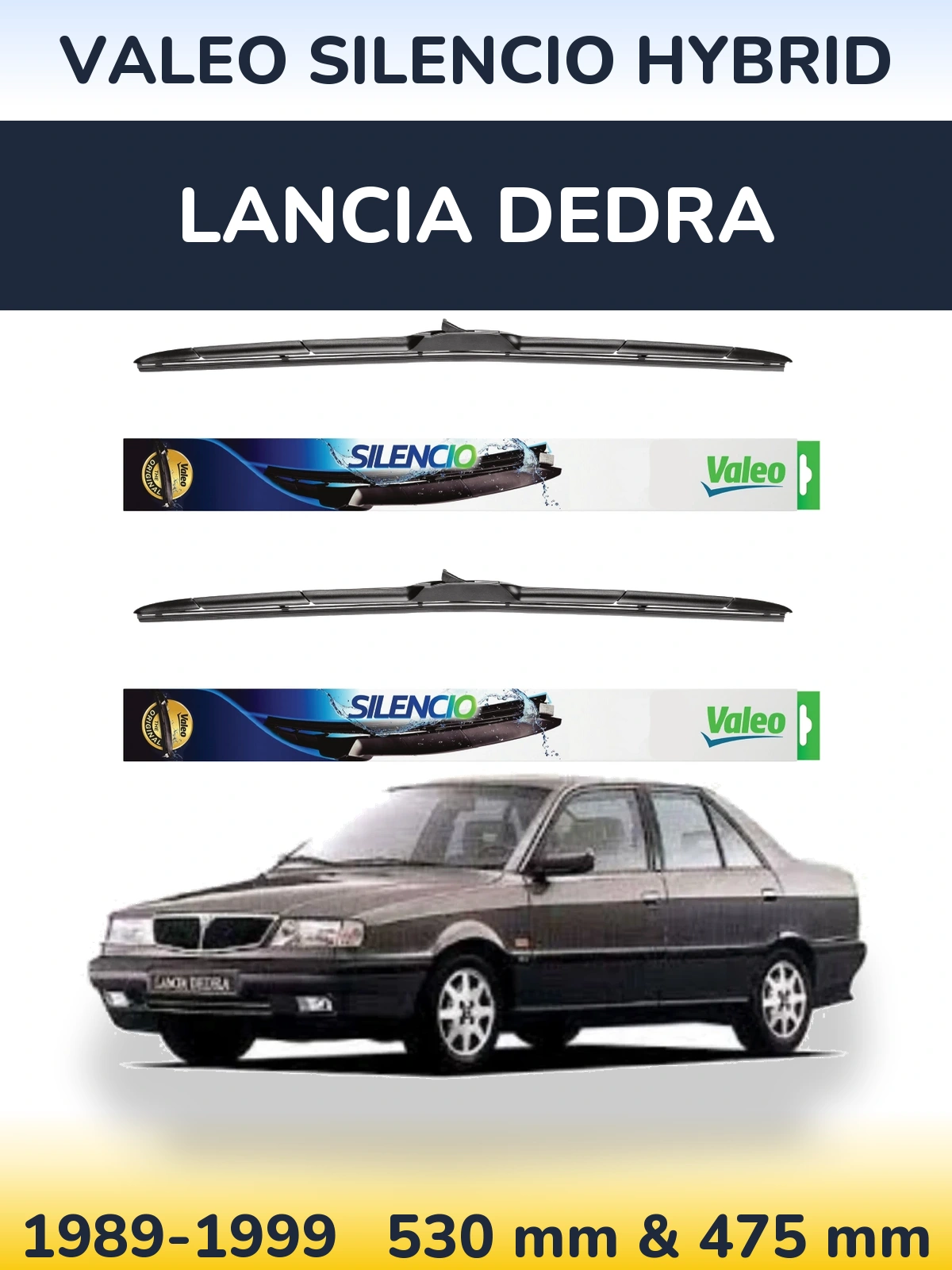 Front wiper blade set Valeo Silencio Hybrid 530 & 475 mm for Lancia Dedra 1989-1999