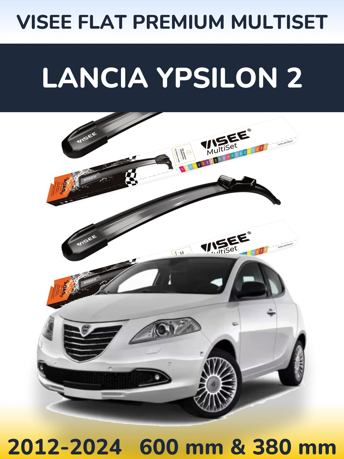 Front wiper blade set VISEE FLAT PREMIUM MultiSet 600 & 380 mm for Lancia Ypsilon 2 2012-2024