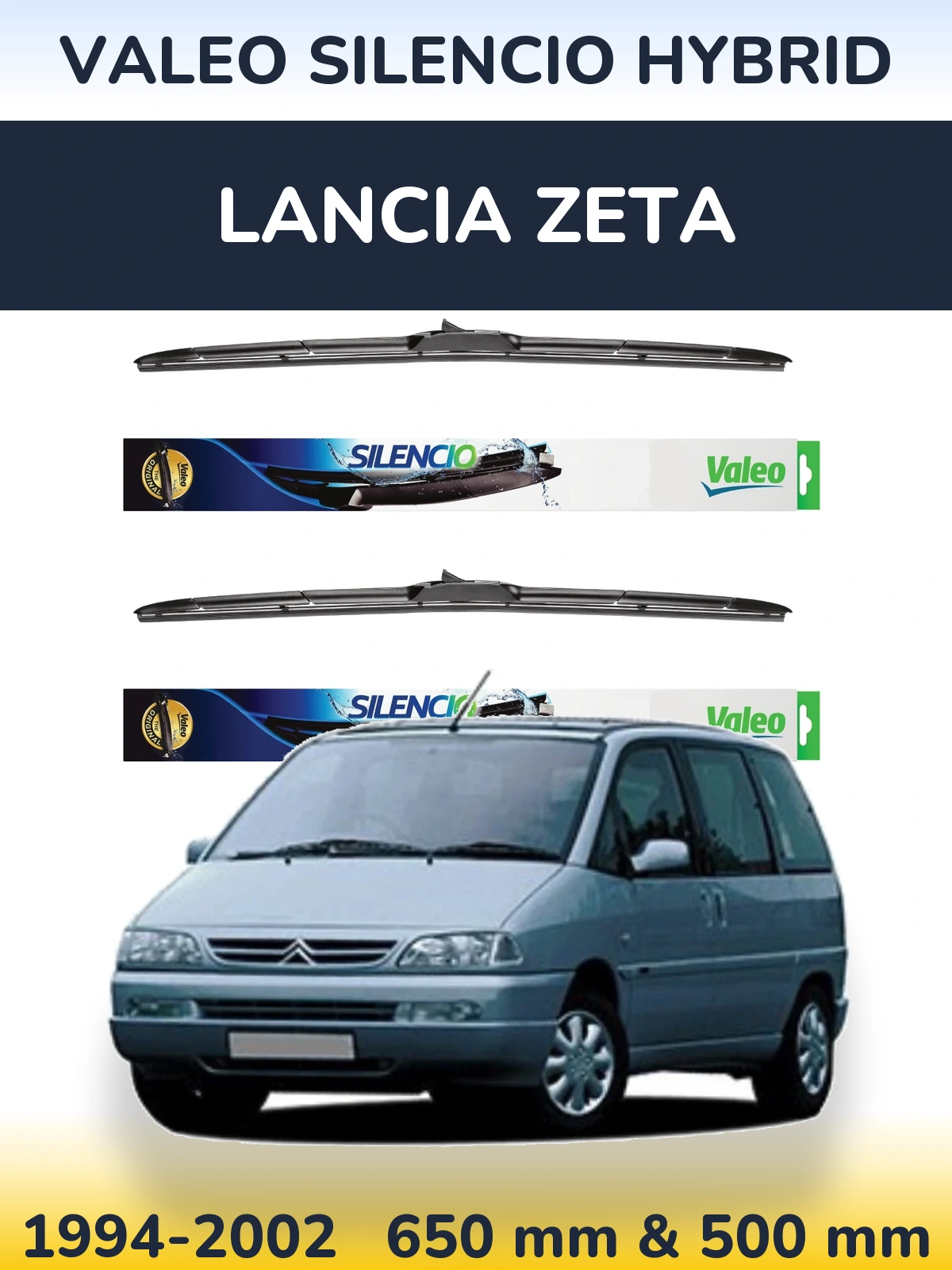 Front wiper blade set Valeo Silencio Hybrid 650 & 500 mm for Lancia Zeta 1994-2002