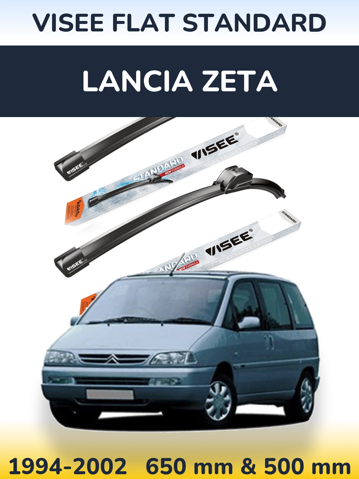 Front wiper blade set VISEE FLAT STANDARD 650 & 500 mm for Lancia Zeta 1994-2002