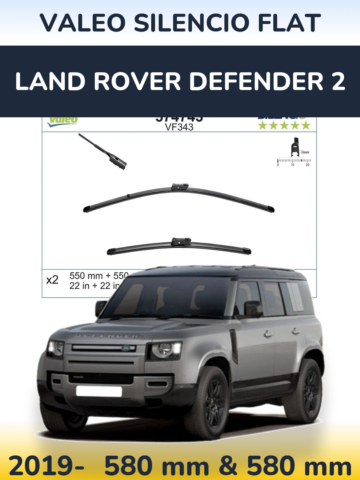 Front wiper blade set Valeo Silencio Flat 550 & 550 mm for Land Rover Defender 2 2019-2026