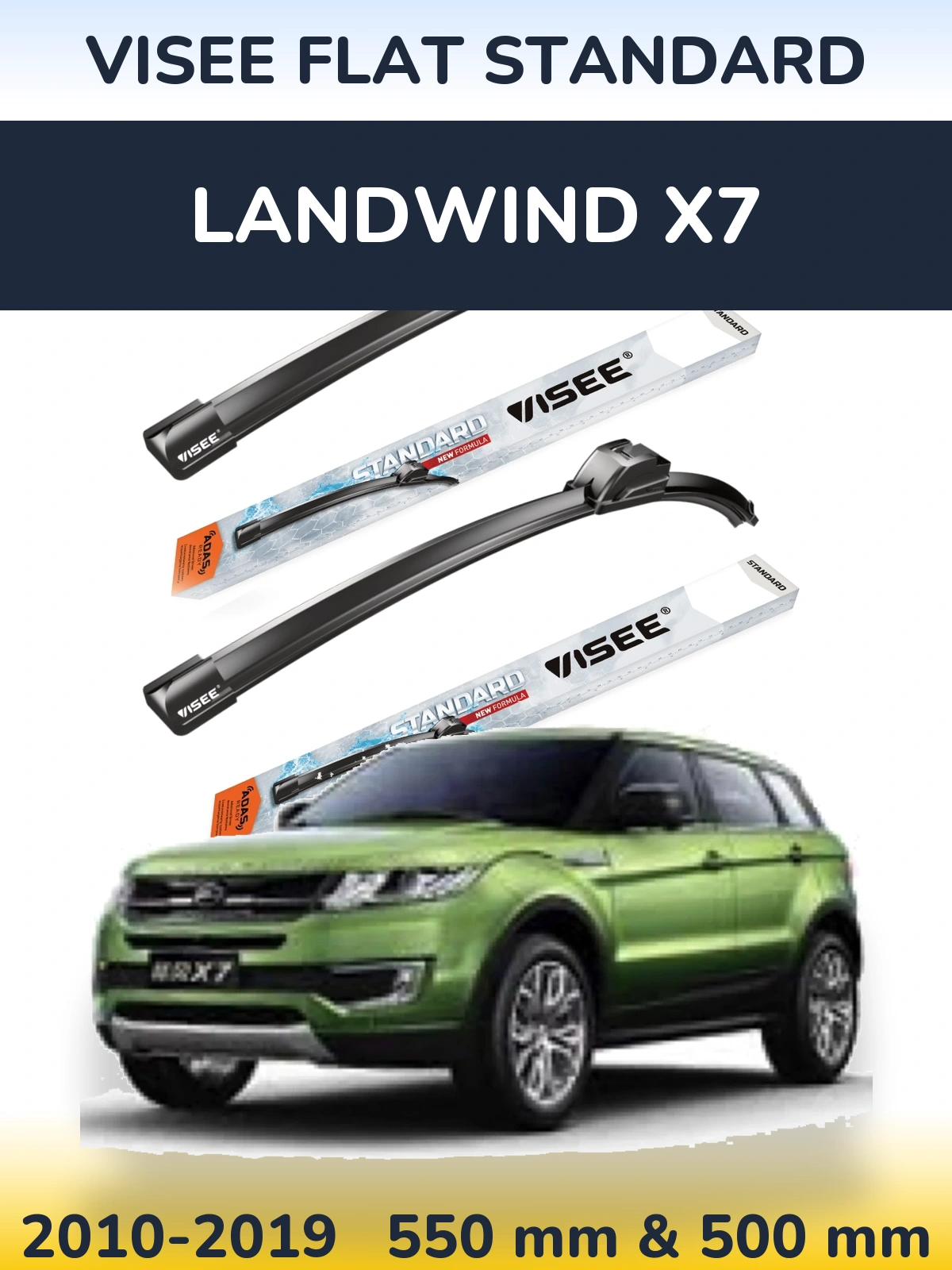 Front wiper blade set VISEE FLAT STANDARD 550 & 500 mm for Landwind X7 2010-2019