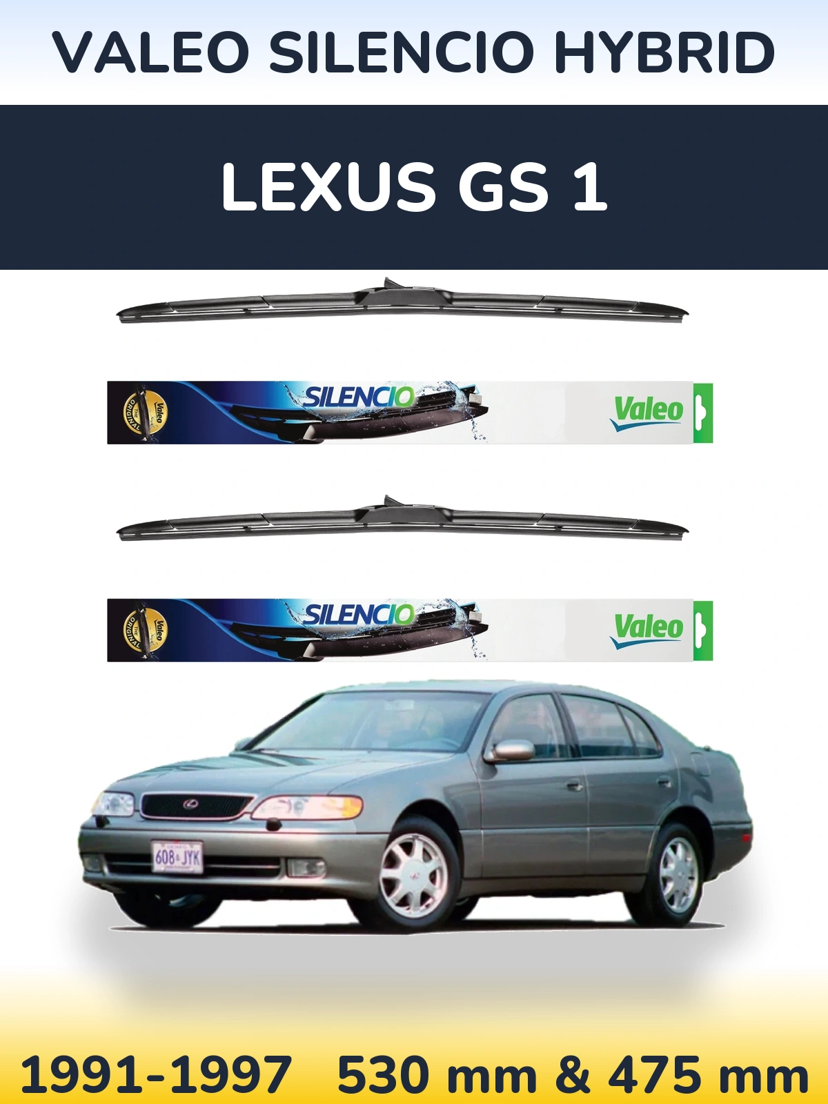 Front wiper blade set Valeo Silencio Hybrid 530 & 475 mm for Lexus GS 1 1991-1997