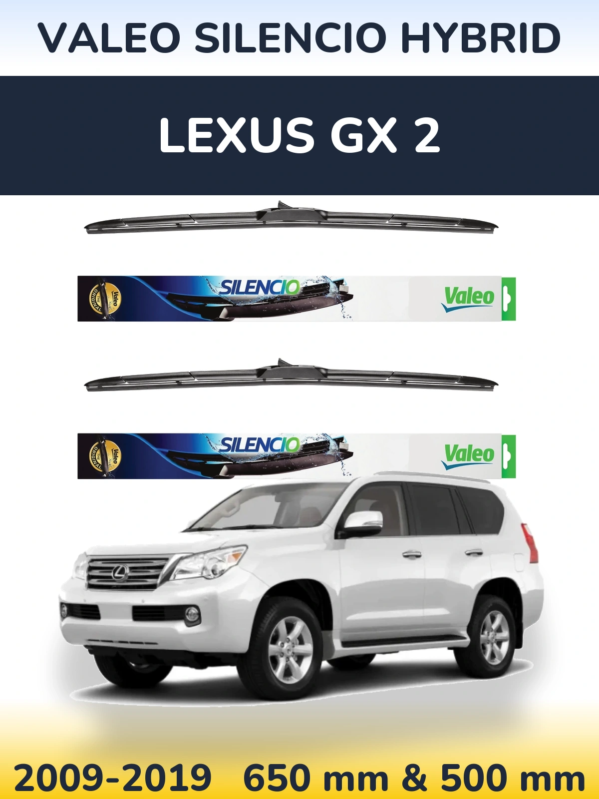 Front wiper blade set Valeo Silencio Hybrid 650 & 500 mm for Lexus GX 2 2009-2019