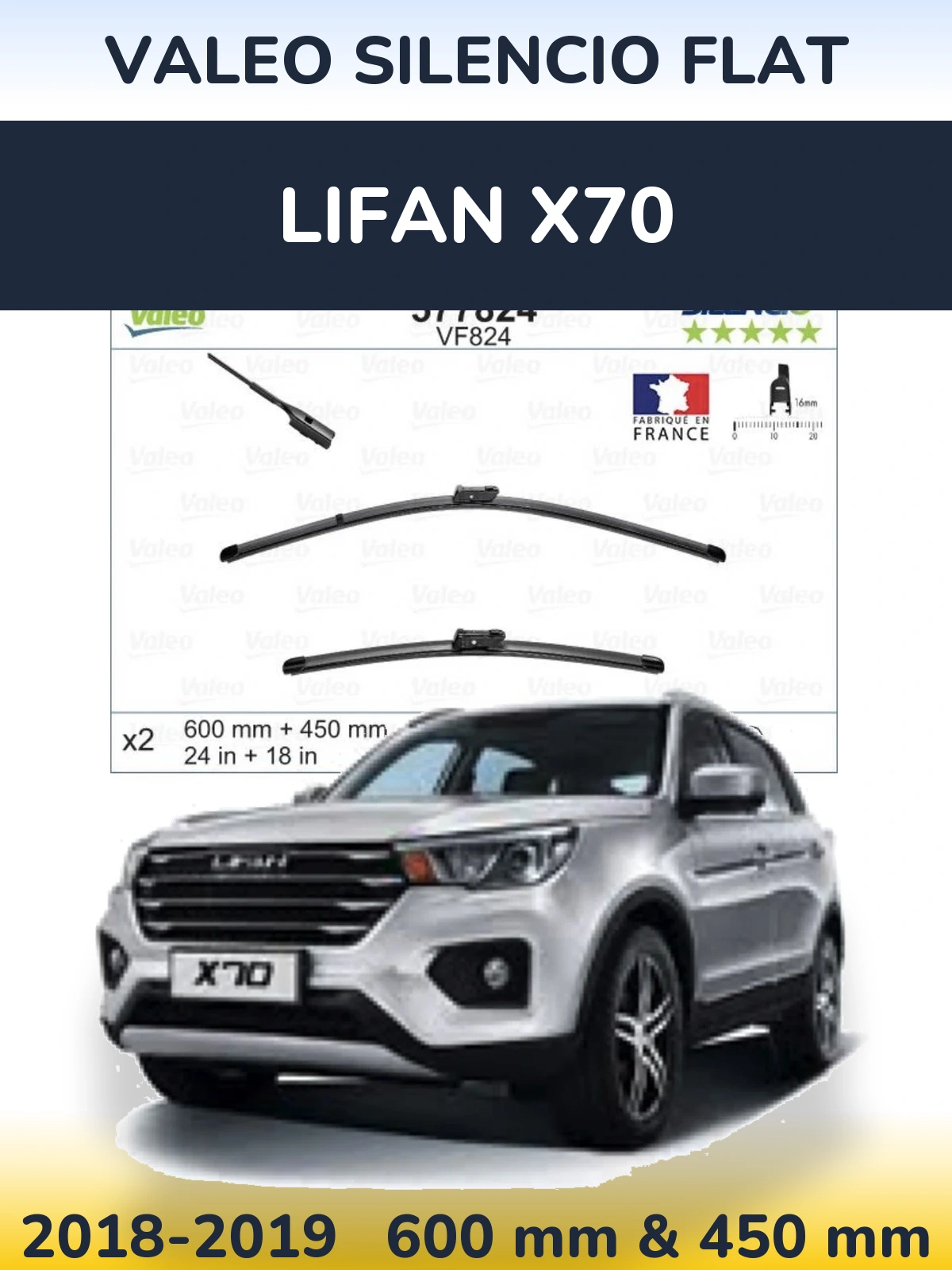 Front wiper blade set Valeo Silencio Flat 600 & 450 mm for Lifan X70 2018-2019