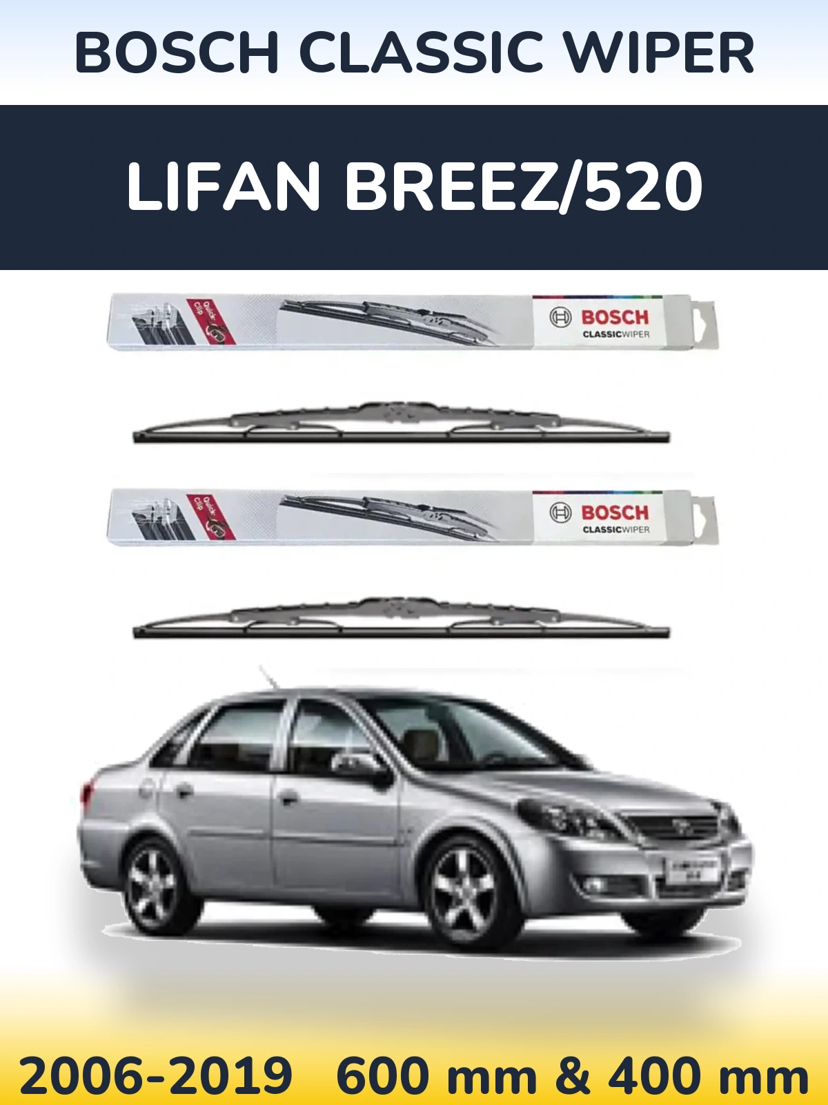Front wiper blade set BOSCH Classic Wiper 600 & 400 mm for Lifan Breez/520 2006-2019