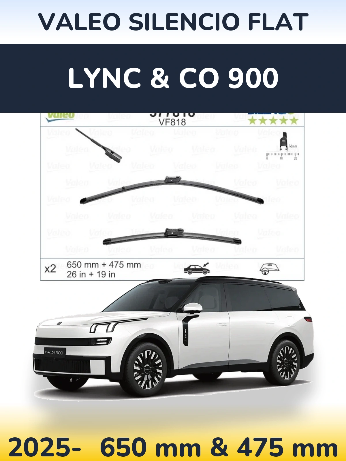 Front wiper blade set Valeo Silencio Flat 650 & 475 mm for Lync & Co 900 2025-2026