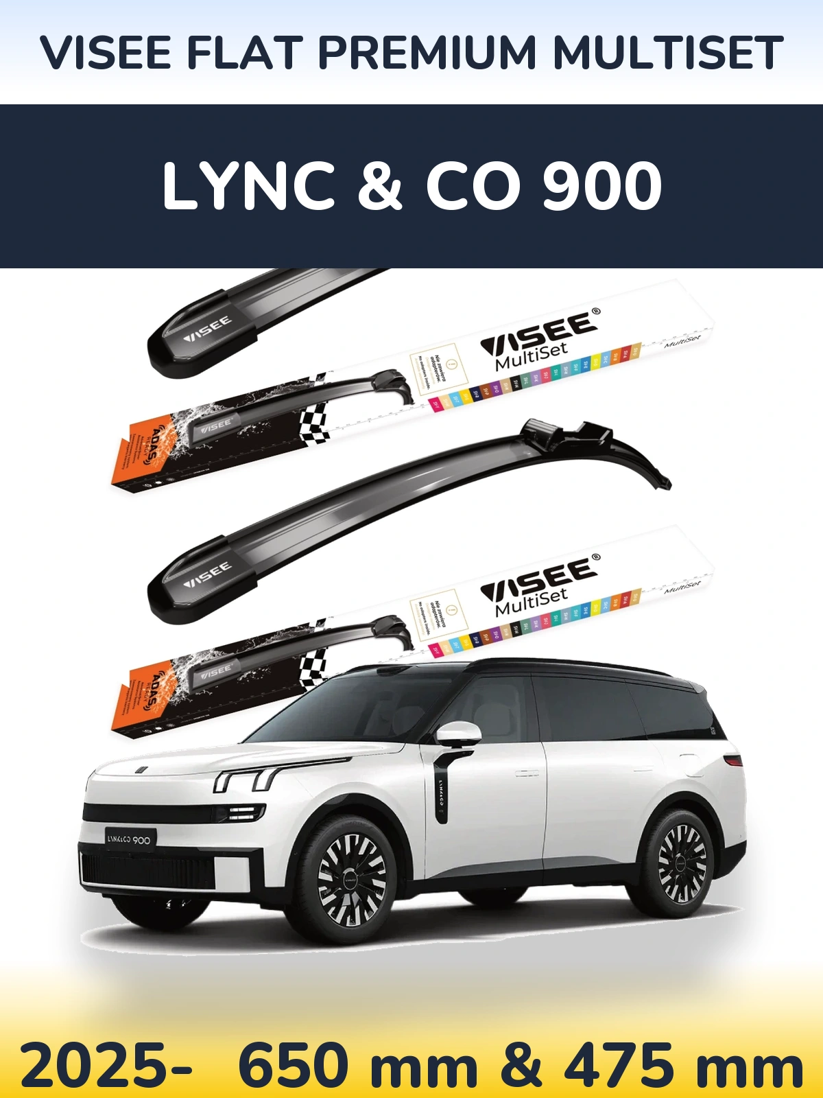 Front wiper blade set VISEE FLAT PREMIUM MultiSet 650 & 475 mm for Lync & Co 900 2025-2026
