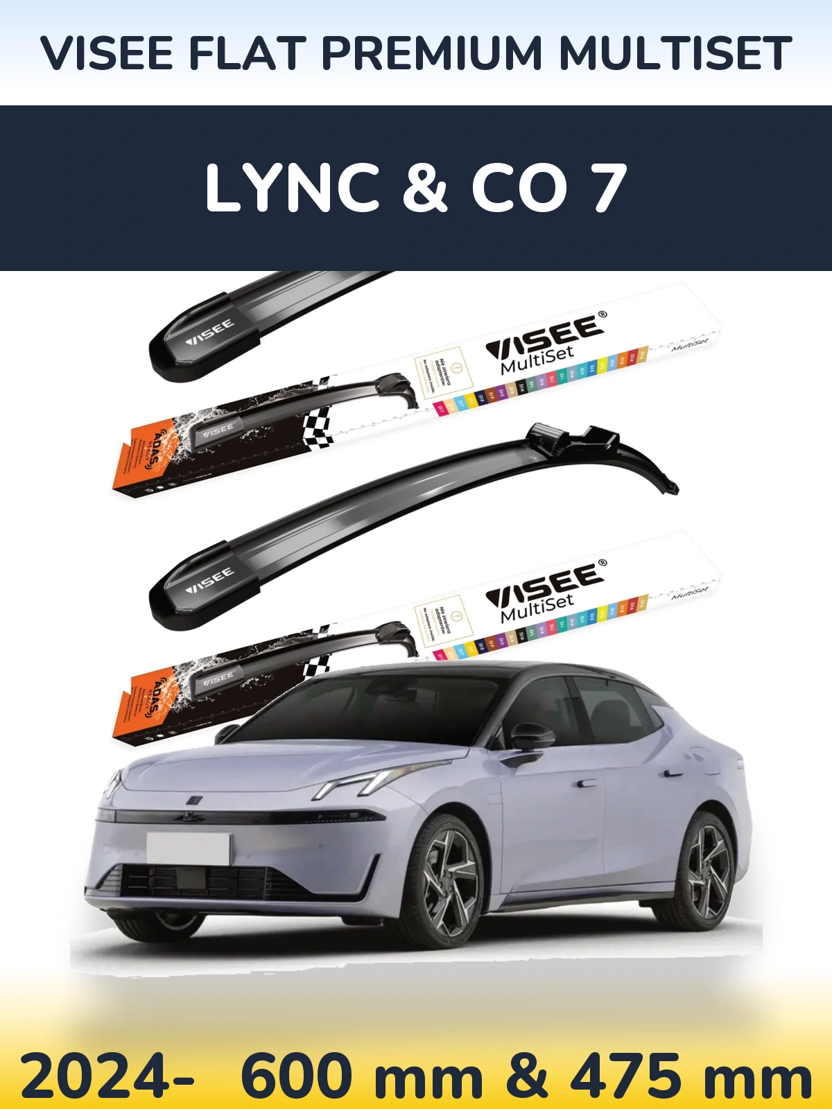 Front wiper blade set VISEE FLAT PREMIUM MultiSet 600 & 475 mm for Lync & Co 7 2024-2026