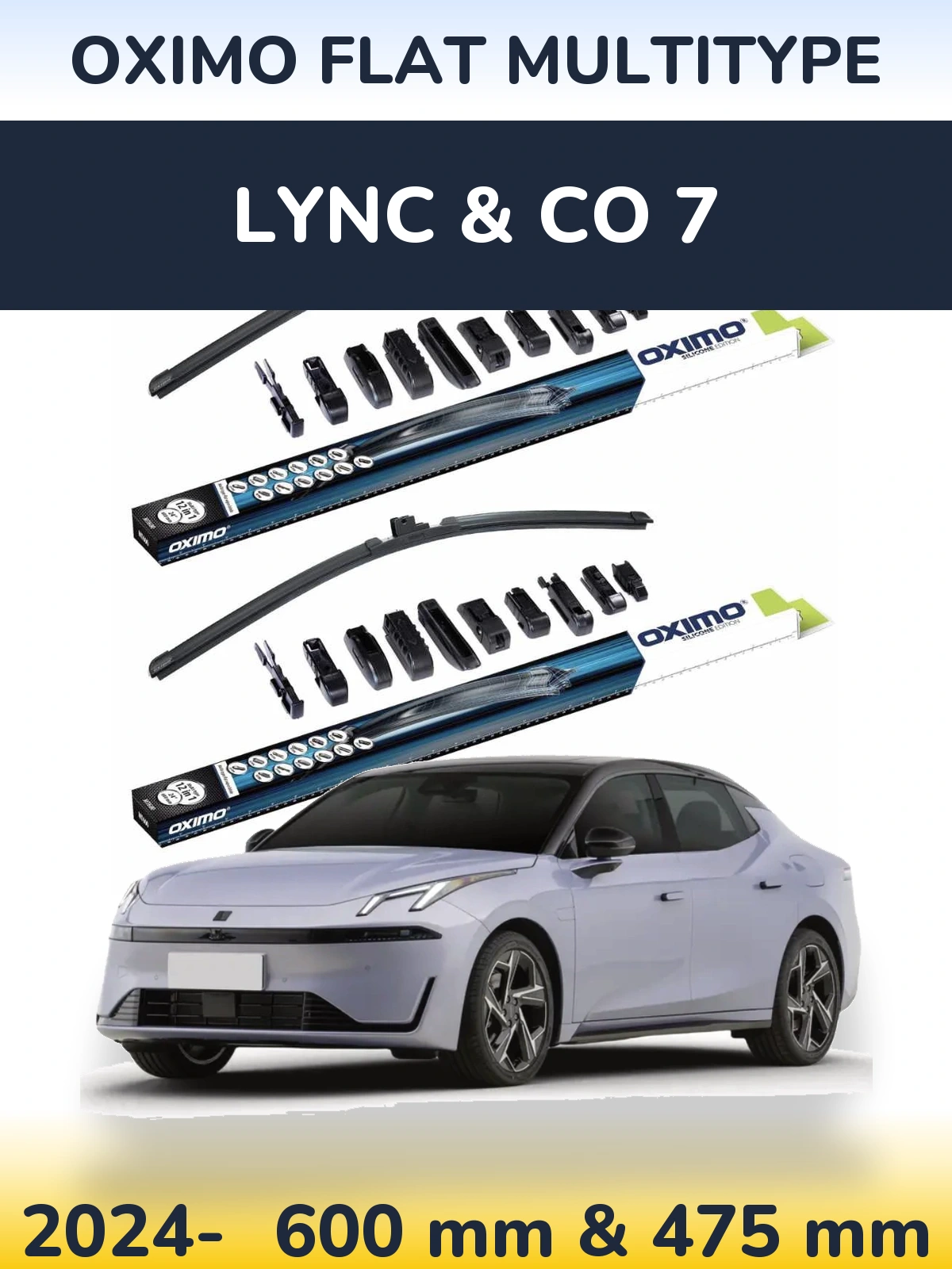 Front wiper blade set Oximo Flat MultiTipse 600 & 475 mm for Lync & Co 7 2024-2026