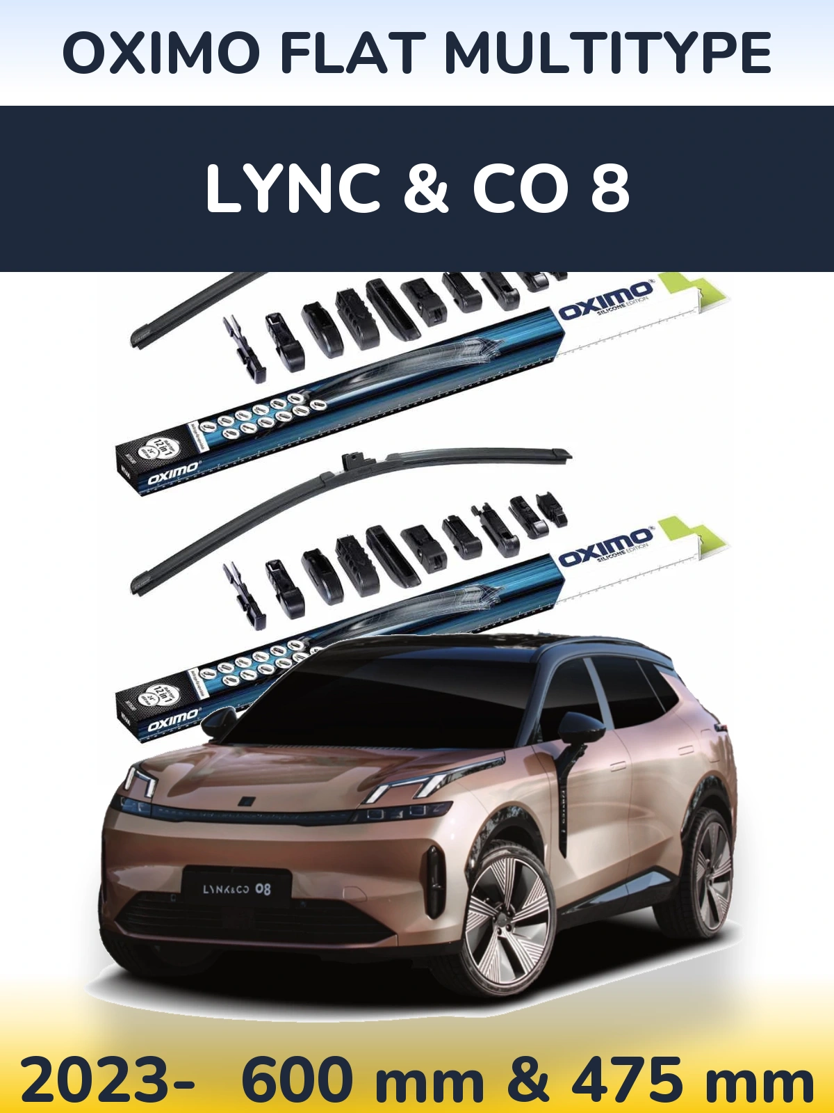 Front wiper blade set Oximo Flat MultiTipse 600 & 475 mm for Lync & Co 8 2023-2026