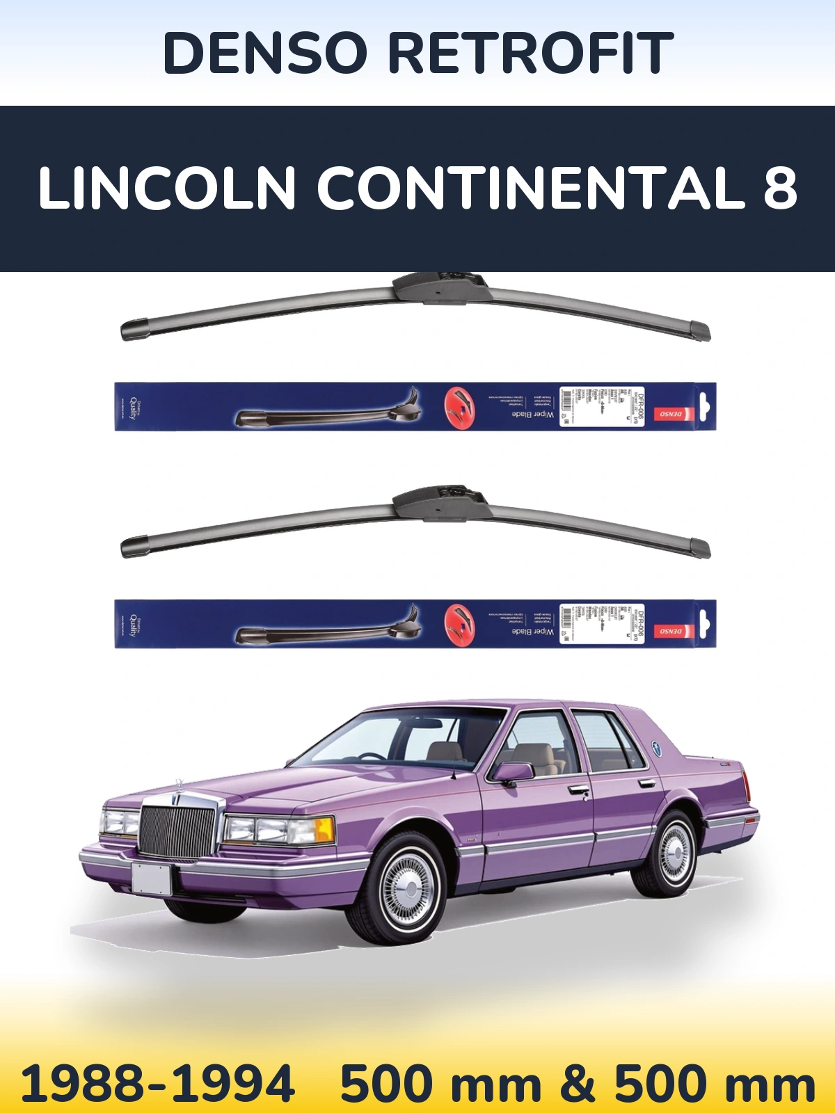 Front wiper blade set Denso Retrofit 500 & 500 mm for Lincoln Continental 8 1988-1994
